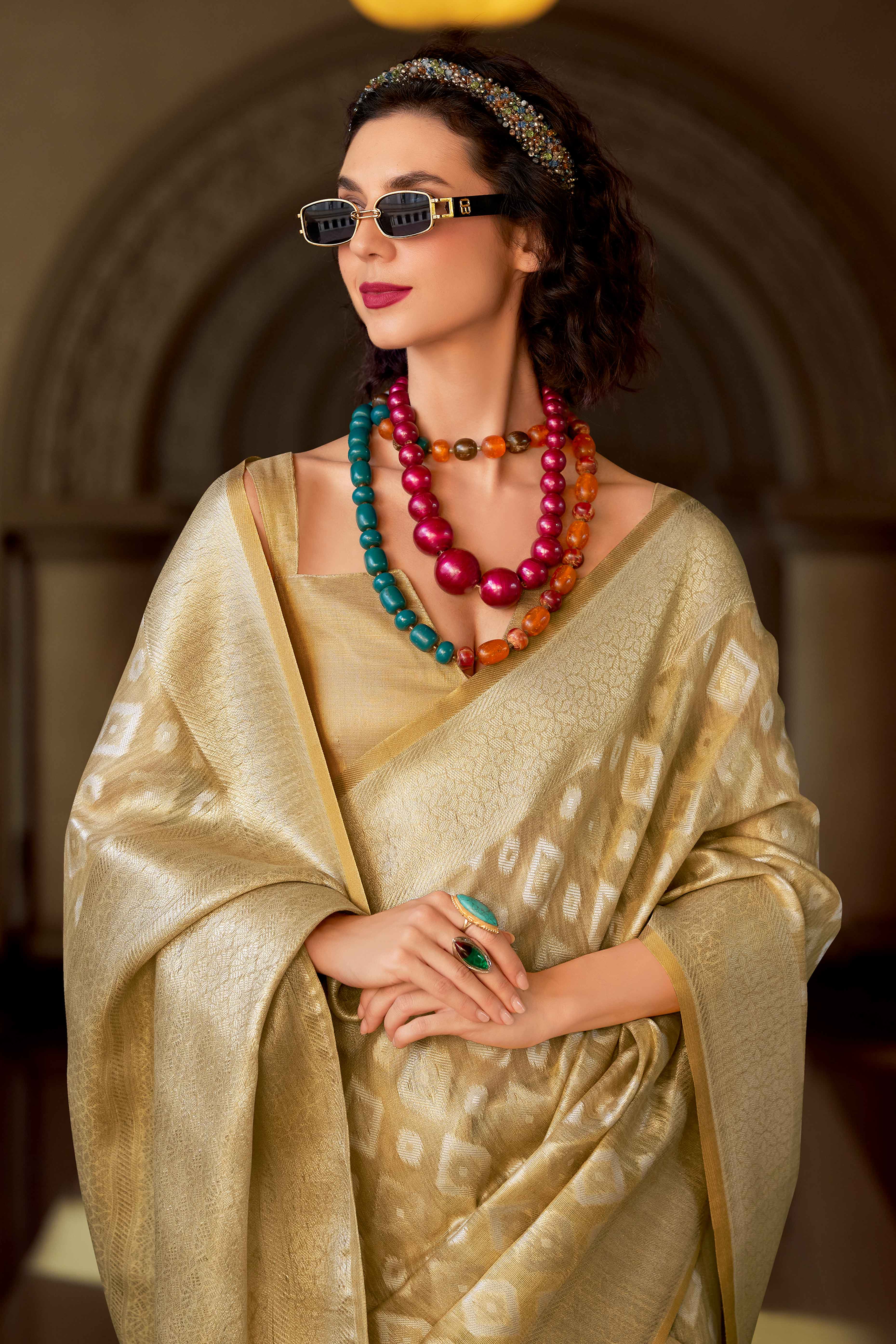 Chikoo Geometric Pattern Woven Tissue Silk Saree