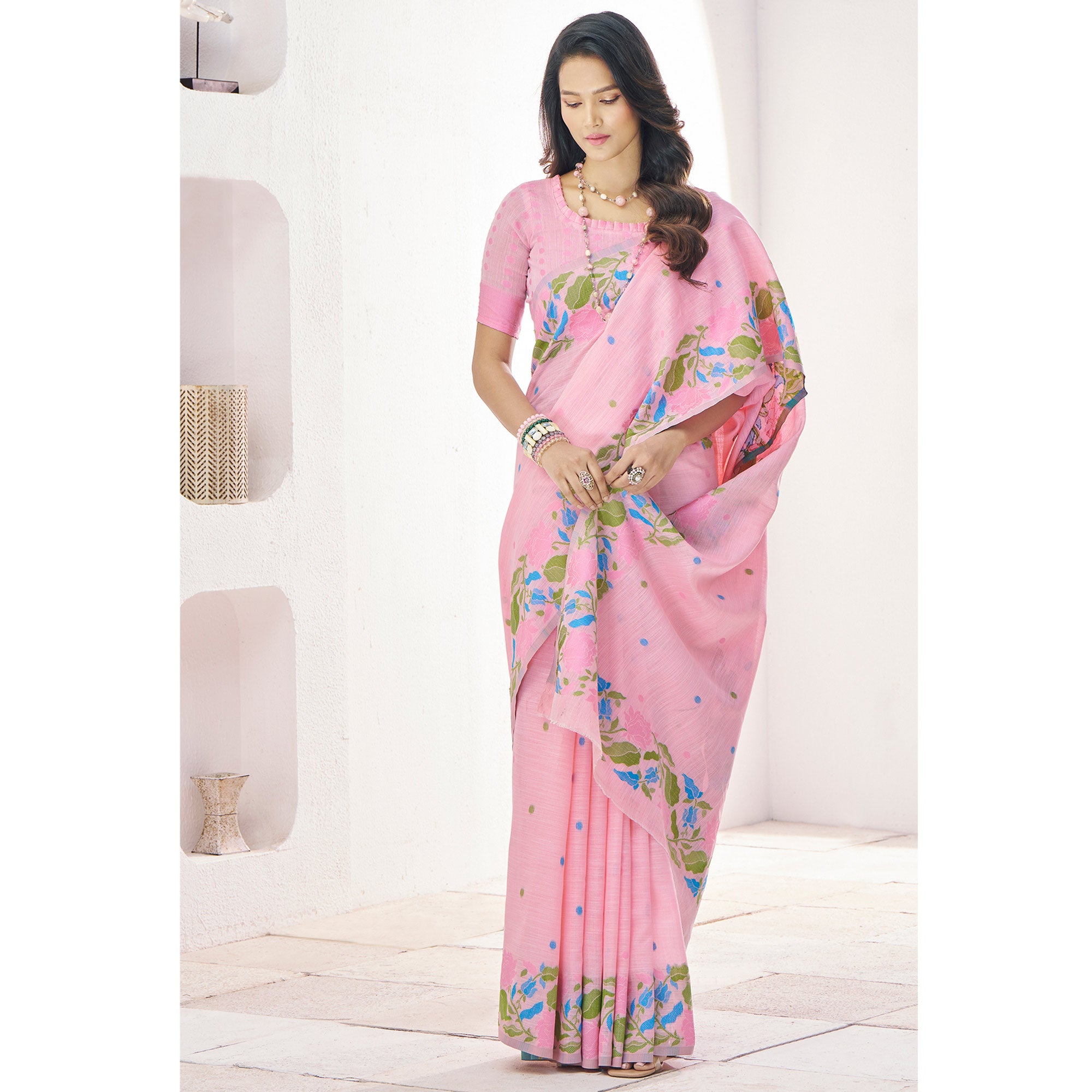 Pink Floral Woven Cotton Silk Saree