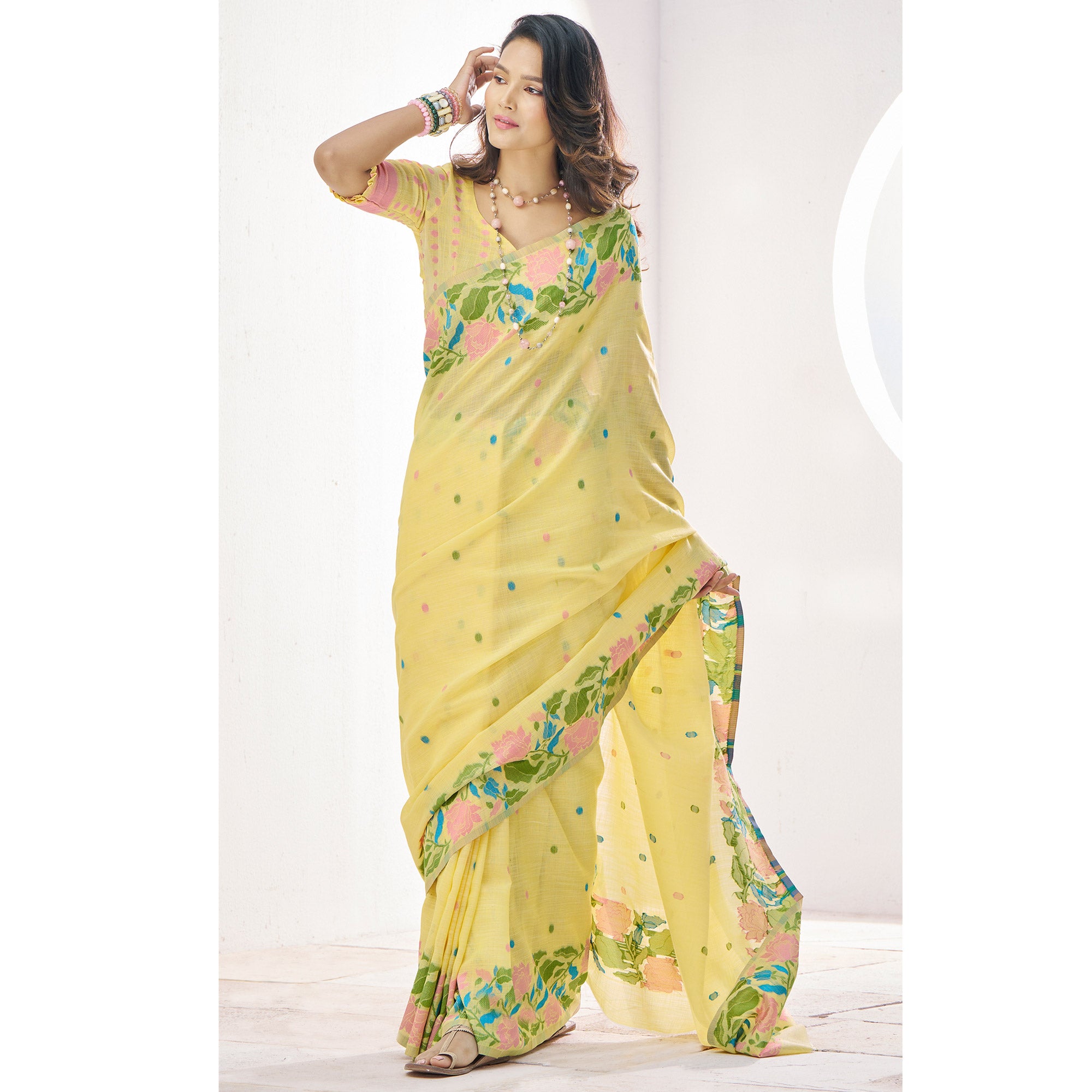Yellow Floral Woven Cotton Silk Saree