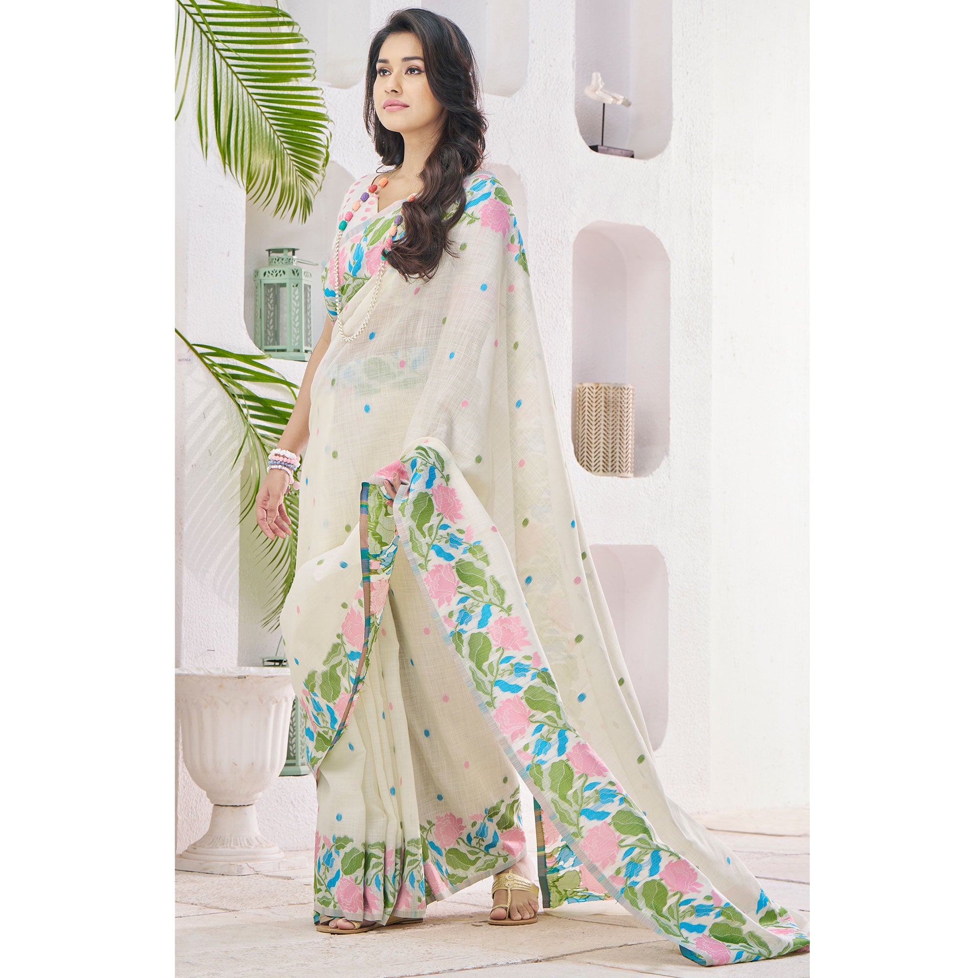 Off White Floral Woven Cotton Silk Saree