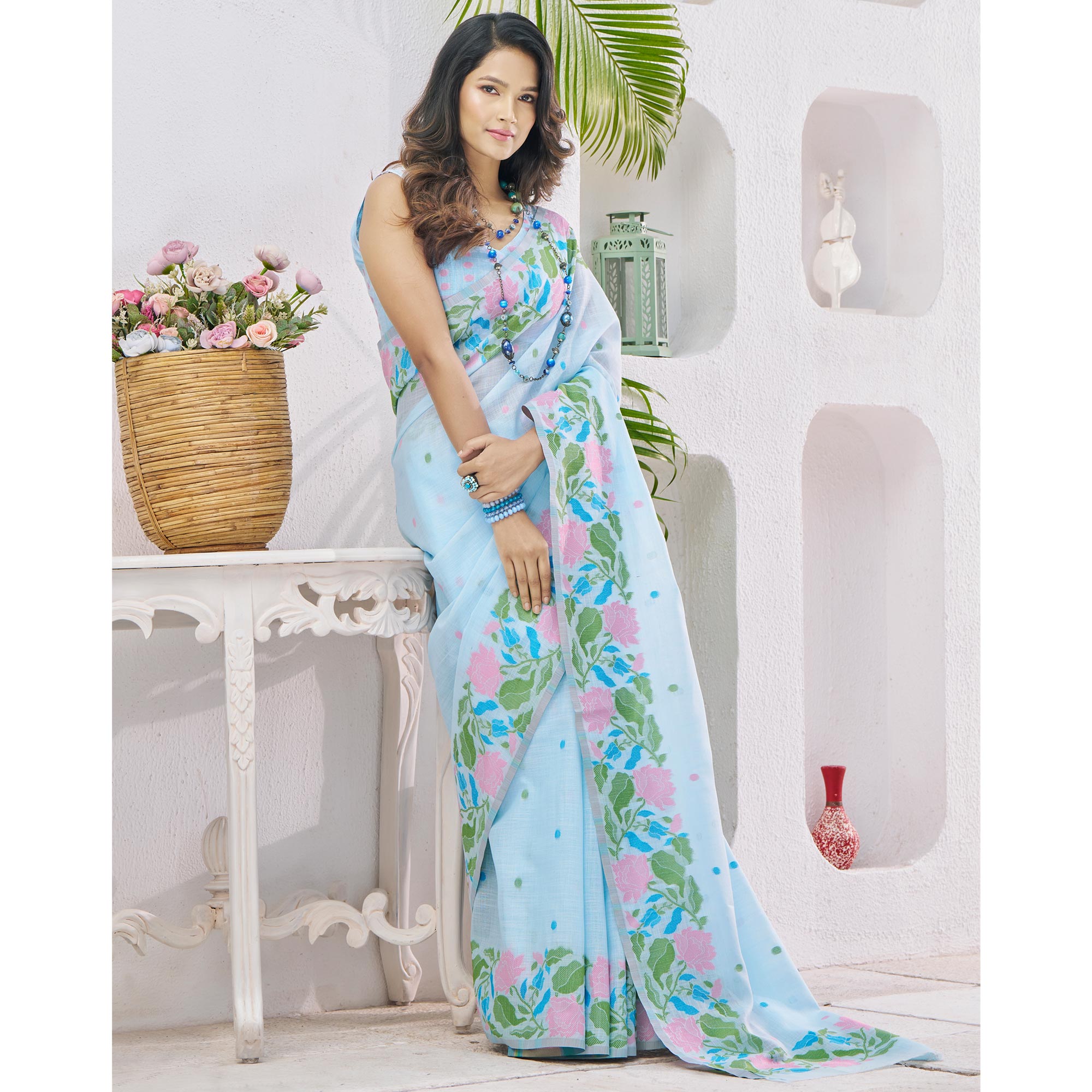 Blue Floral Woven Cotton Silk Saree