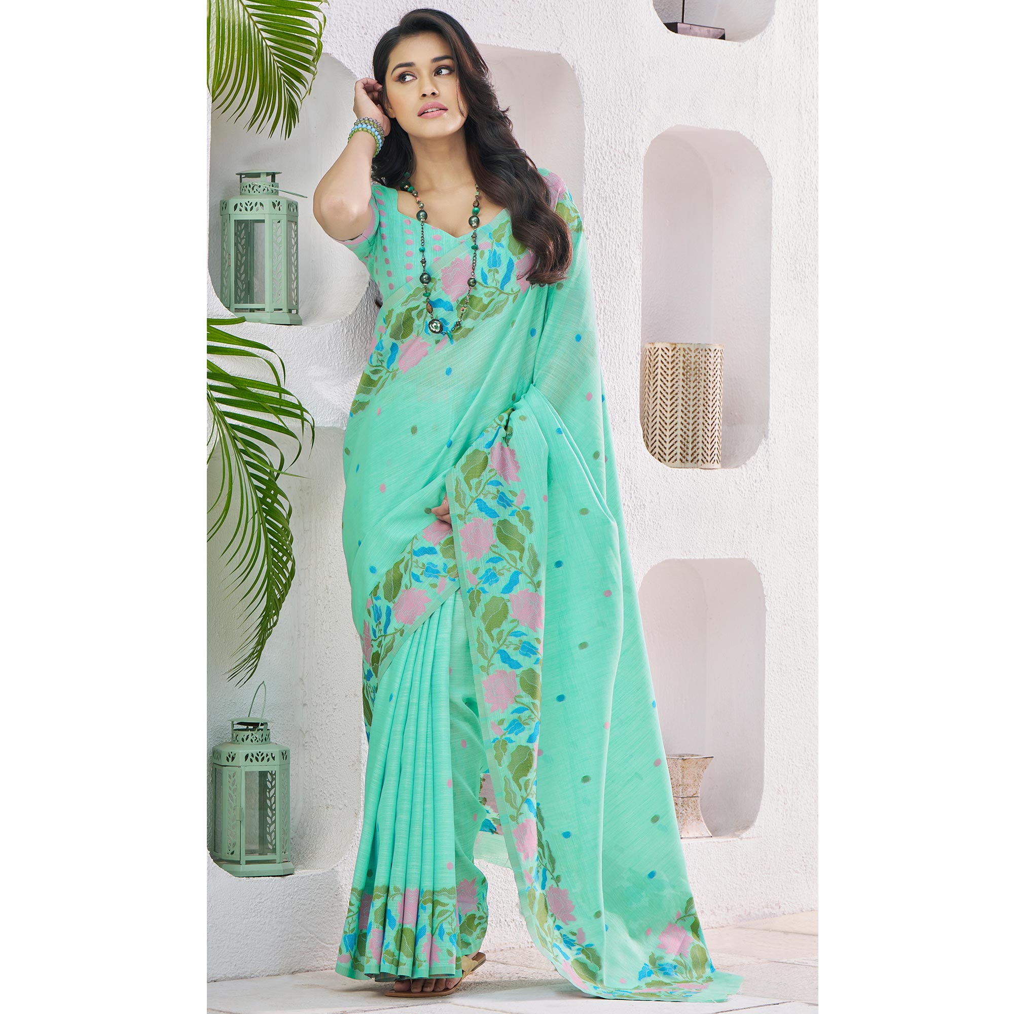 Green Floral Woven Cotton Silk Saree