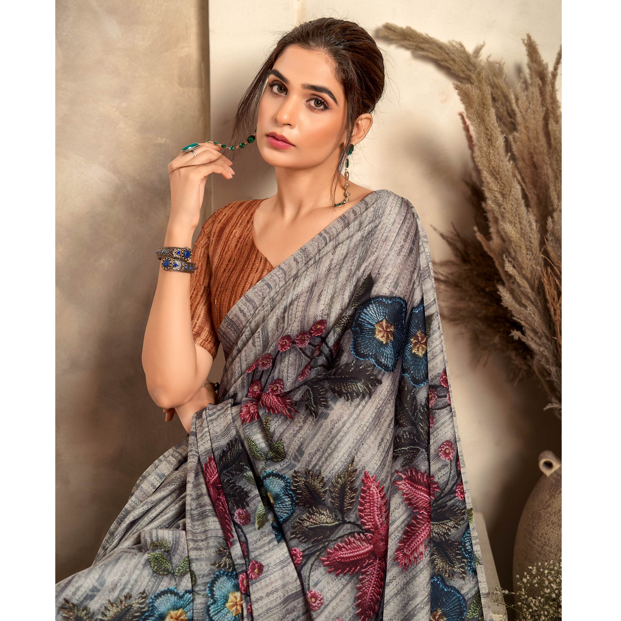 Grey Abstract Printed Satin Saree