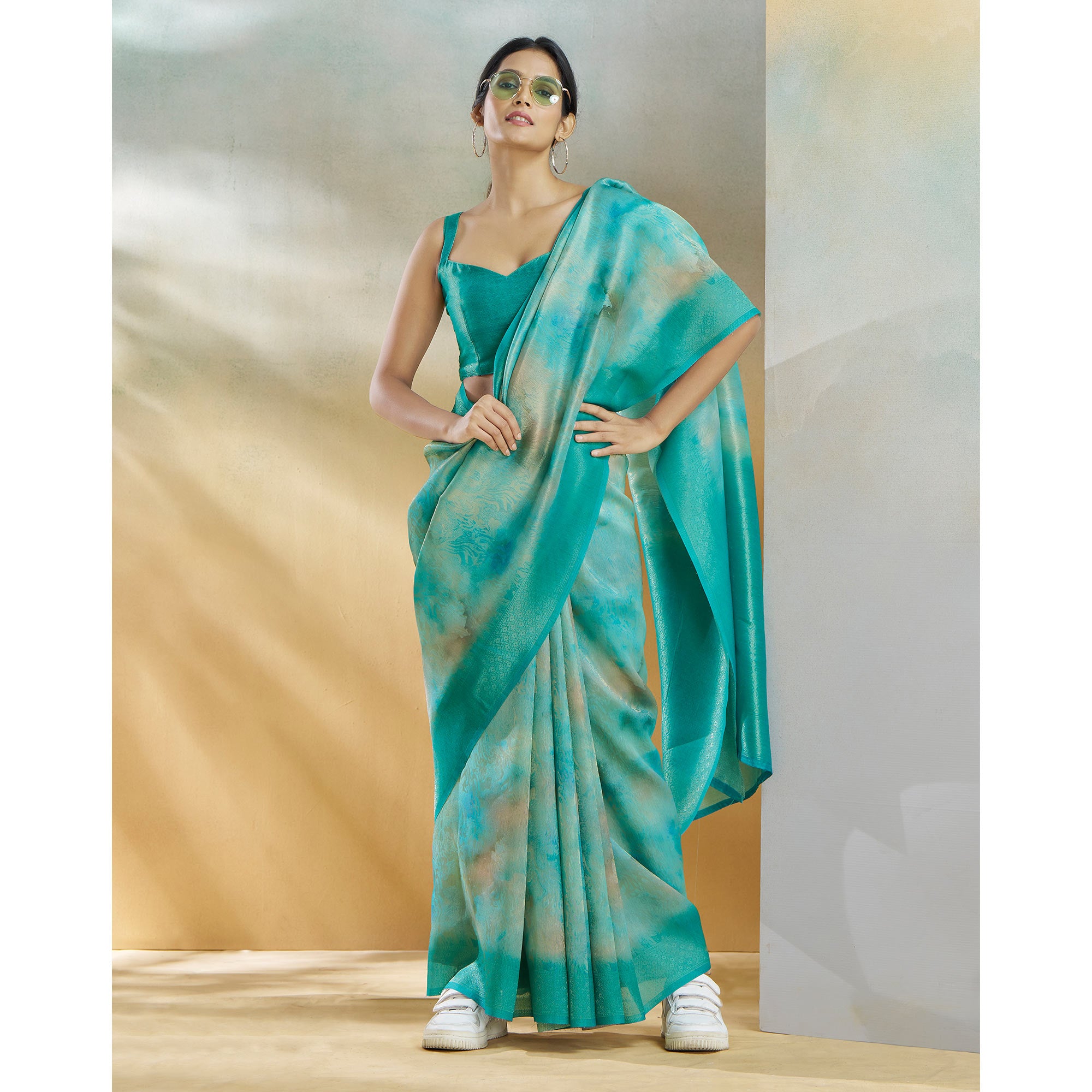 Turquoise Woven With Digital Printed Linen Saree