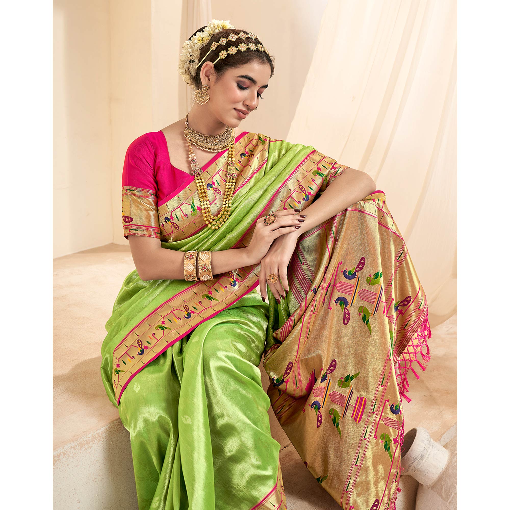 Parrot Green Woven Tissue Paithani Saree With Tassels