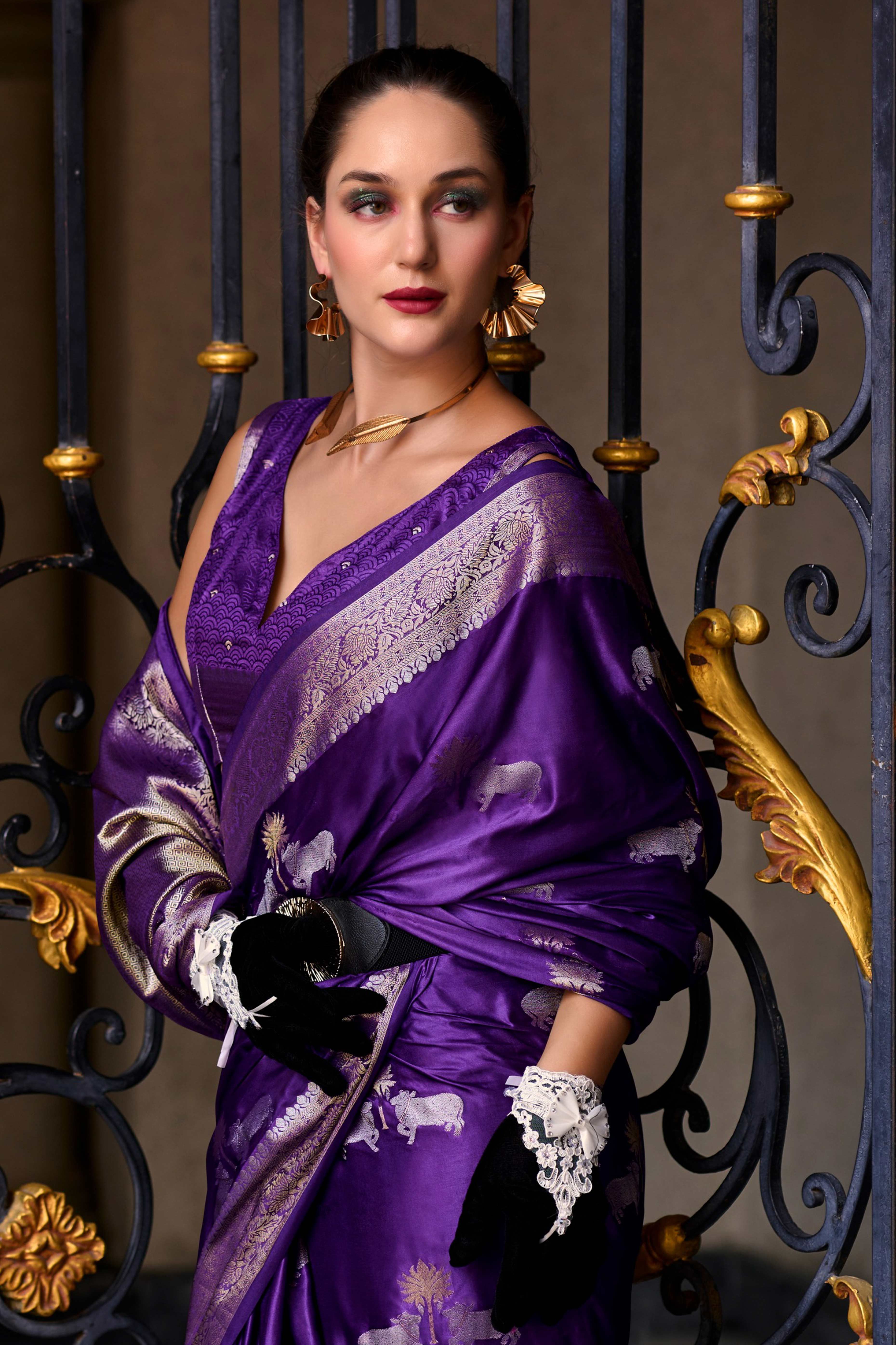 16Dark Purple Satin Saree with Floral Zari Weaving