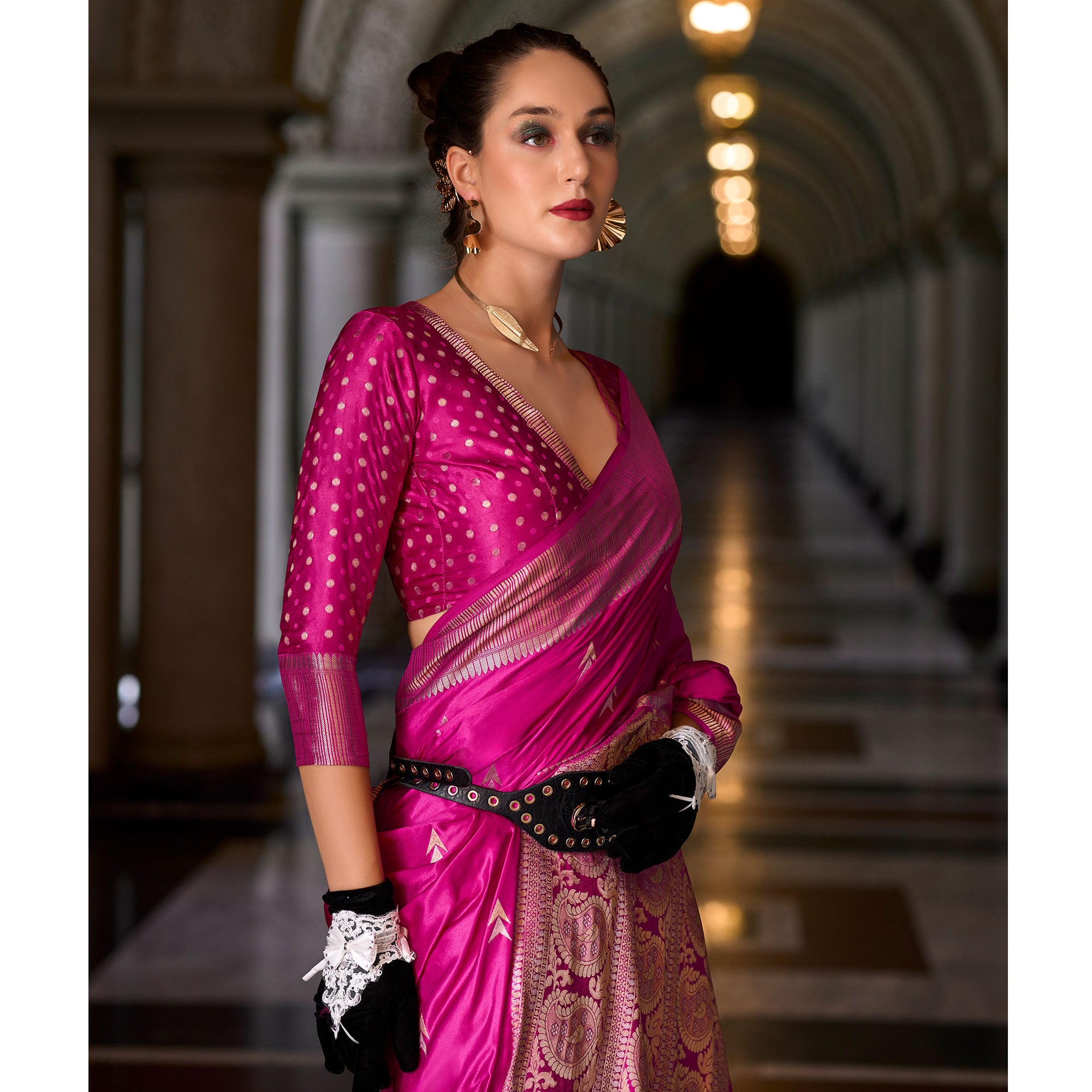 Rani Pink Floral Woven Satin Silk Saree