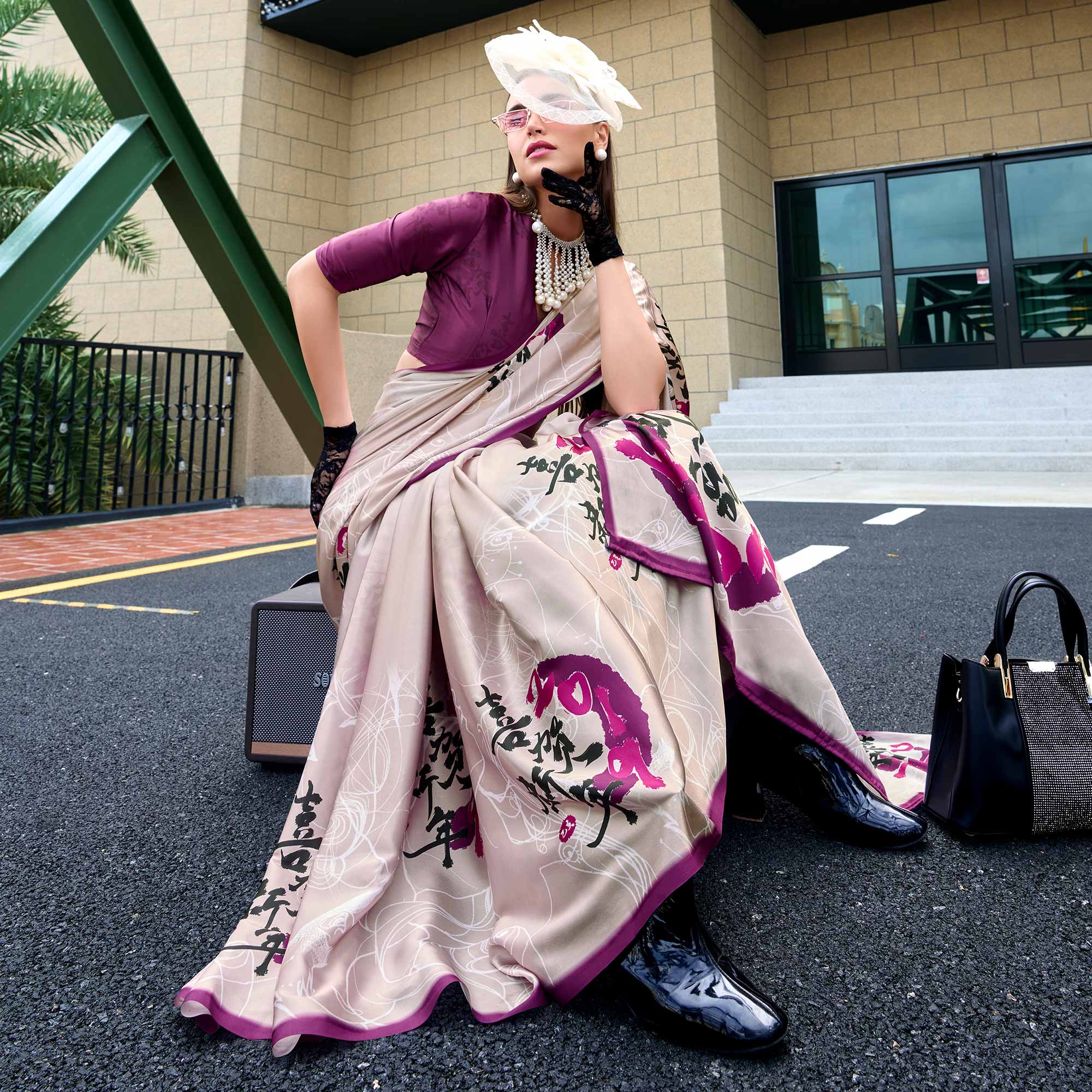 Beige Digital Printed Pure Satin Saree