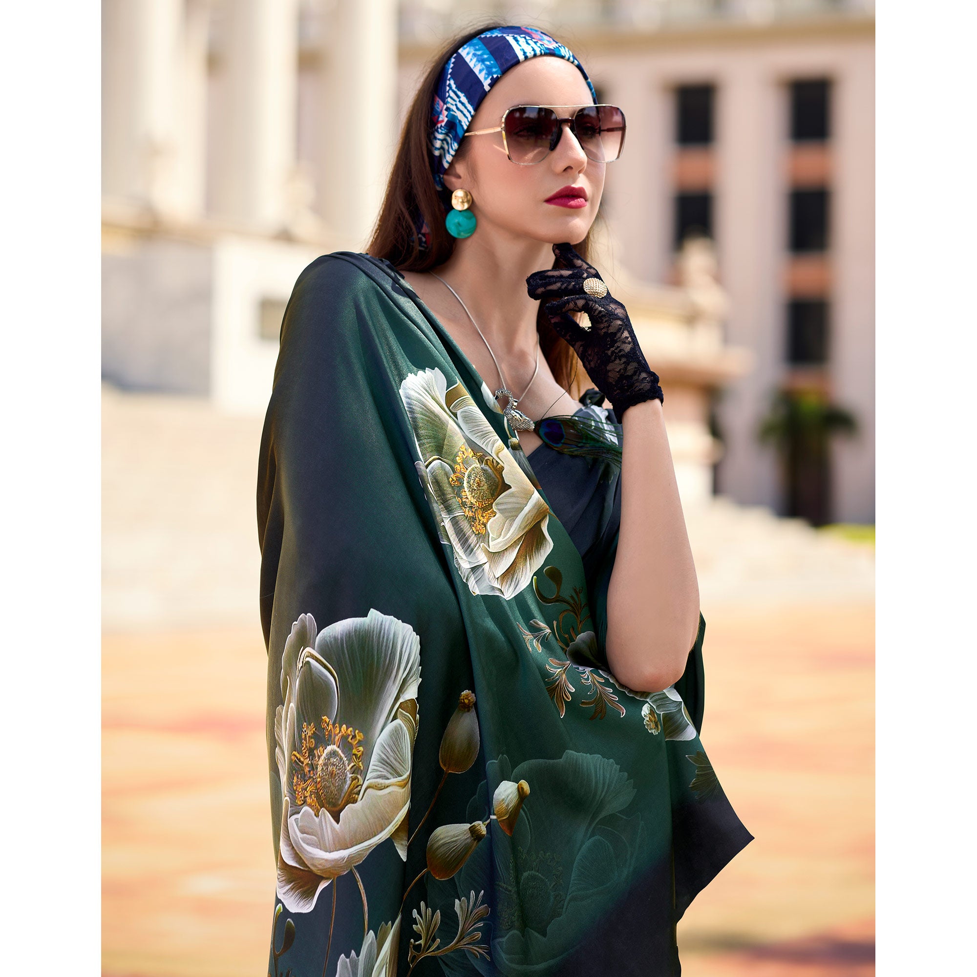 Green Digital Printed Pure Satin Saree