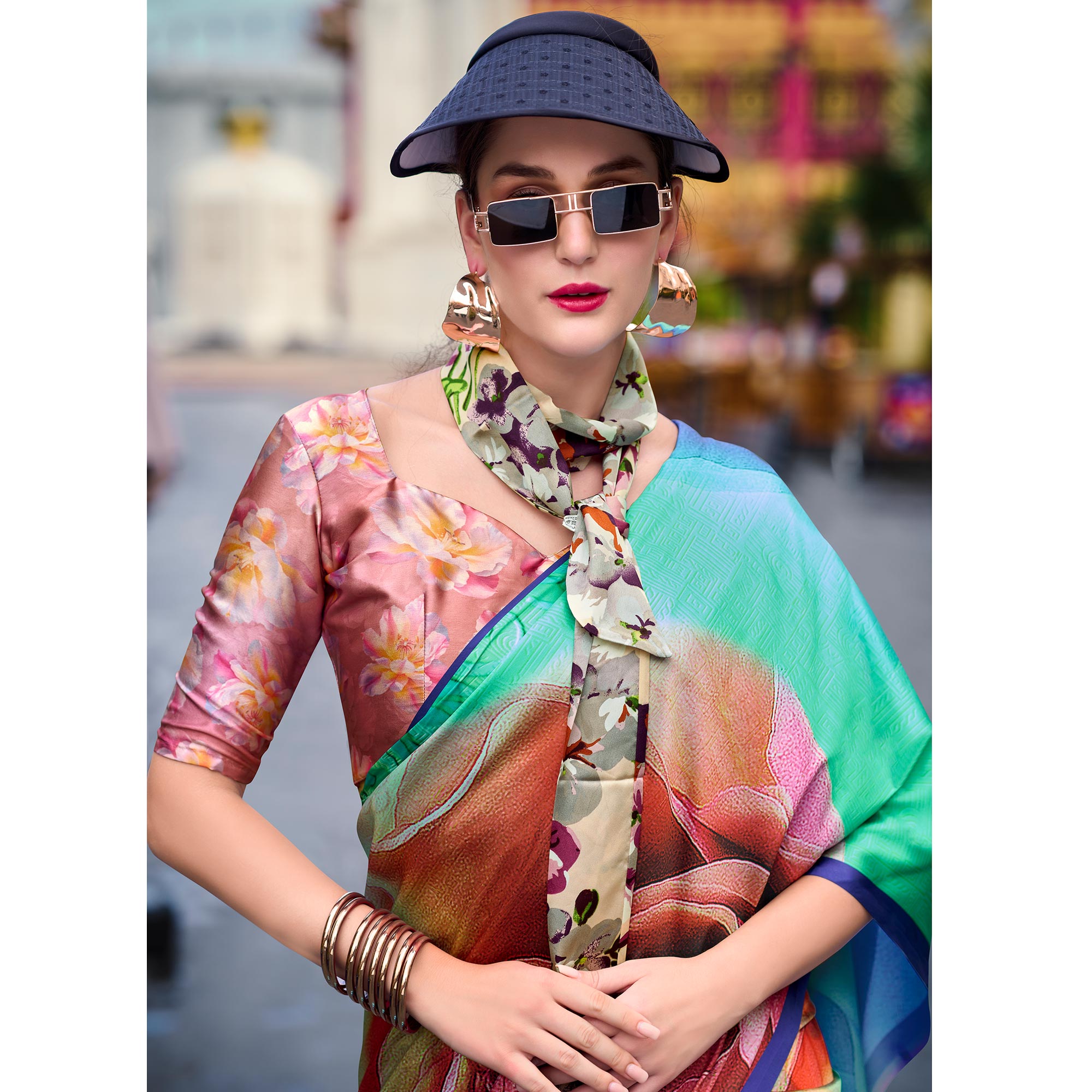 Turquoise & Blue Digital Printed Pure Satin Saree