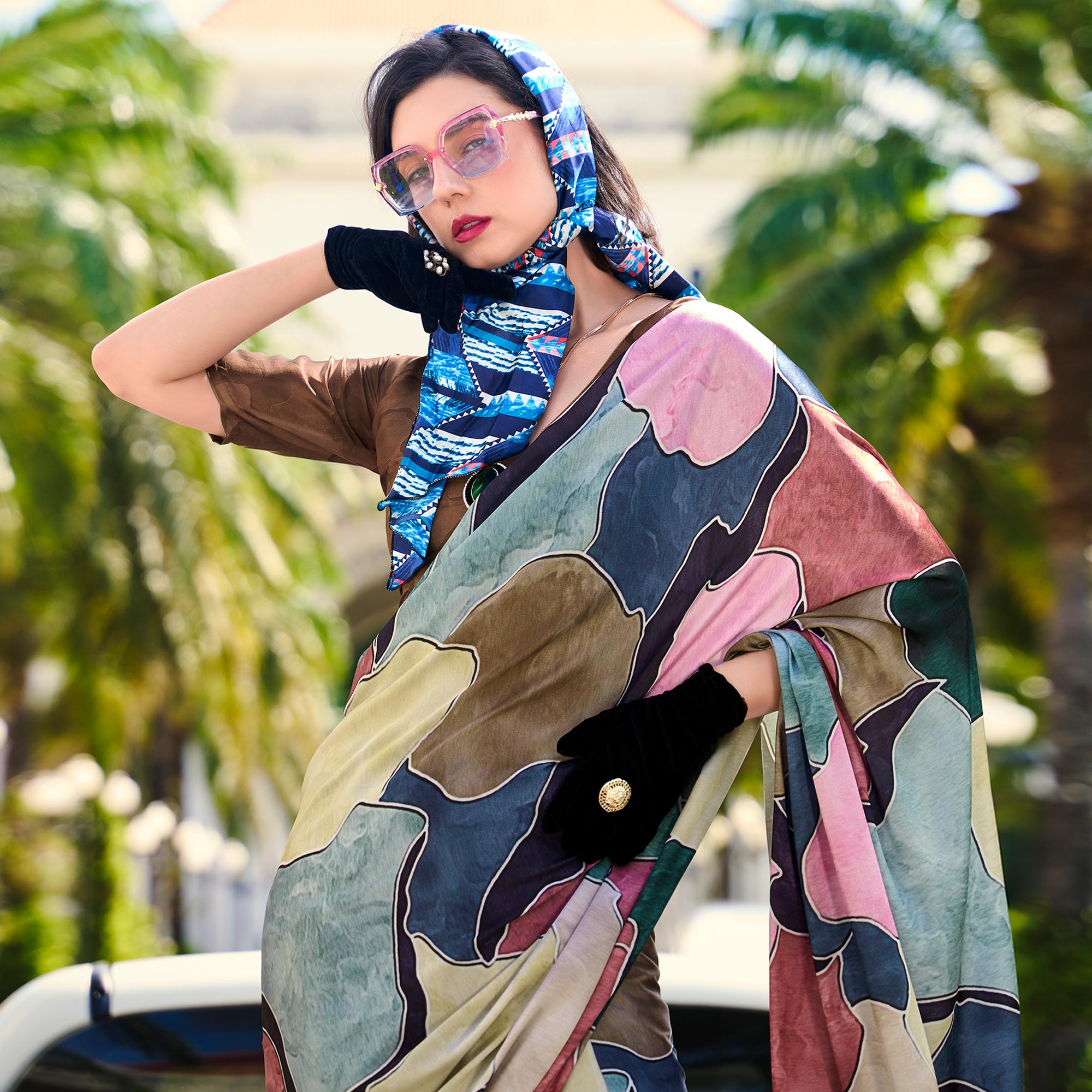 Multicolor Digital Printed Pure Satin Saree