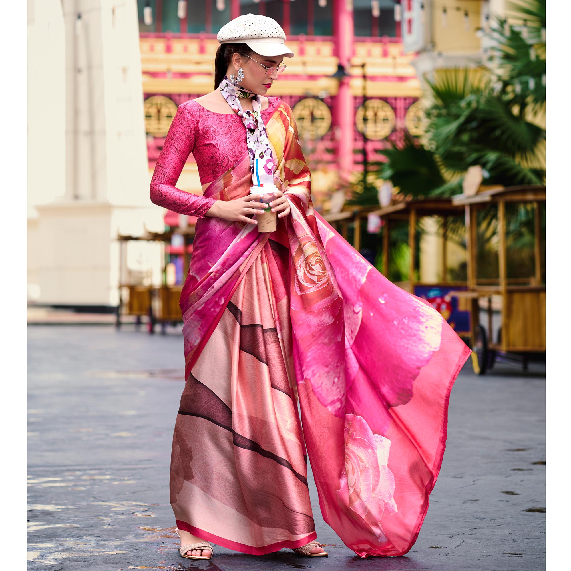 Pink Floral Digital Printed Pure Satin Saree