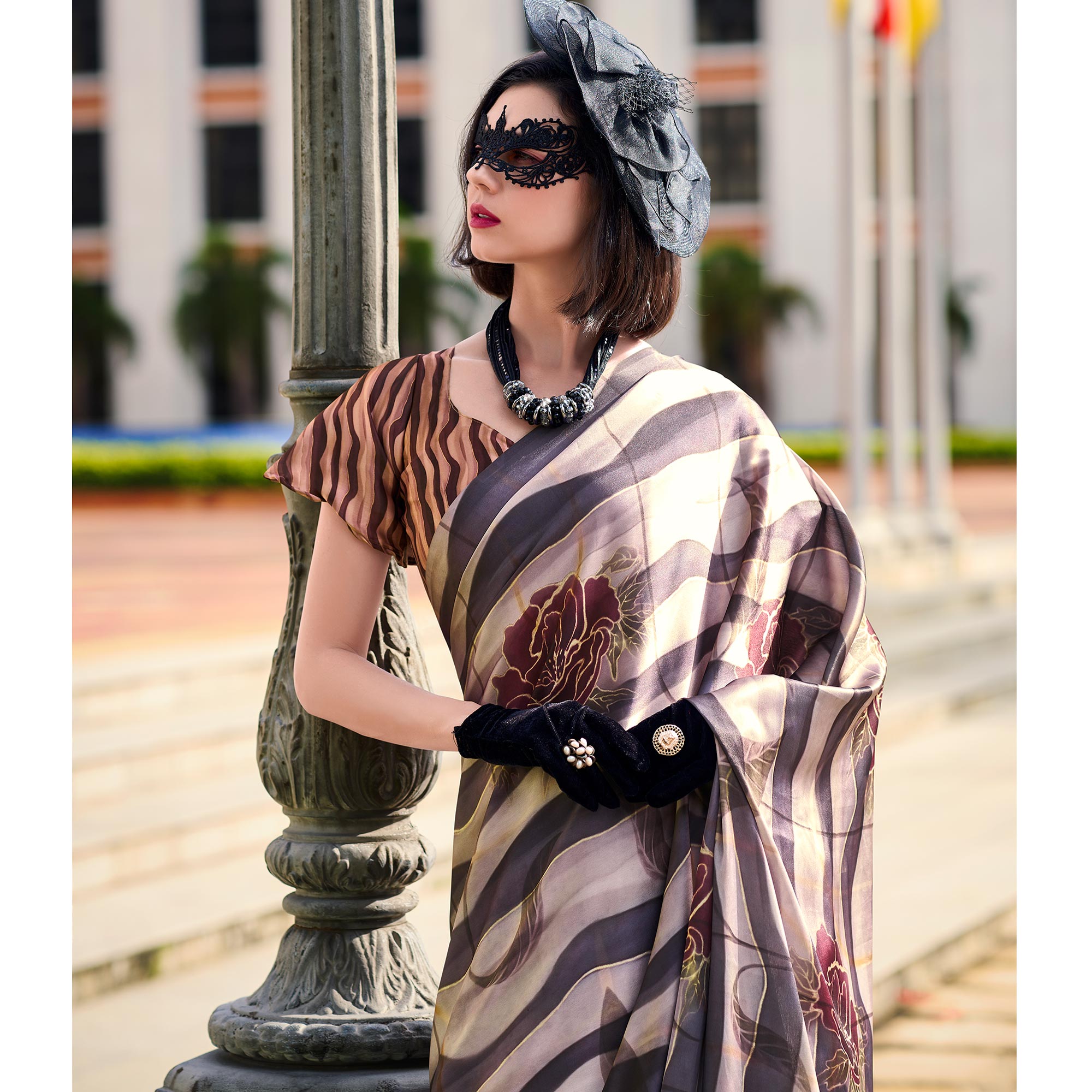 Coffee Brown Floral Digital Printed Pure Satin Saree