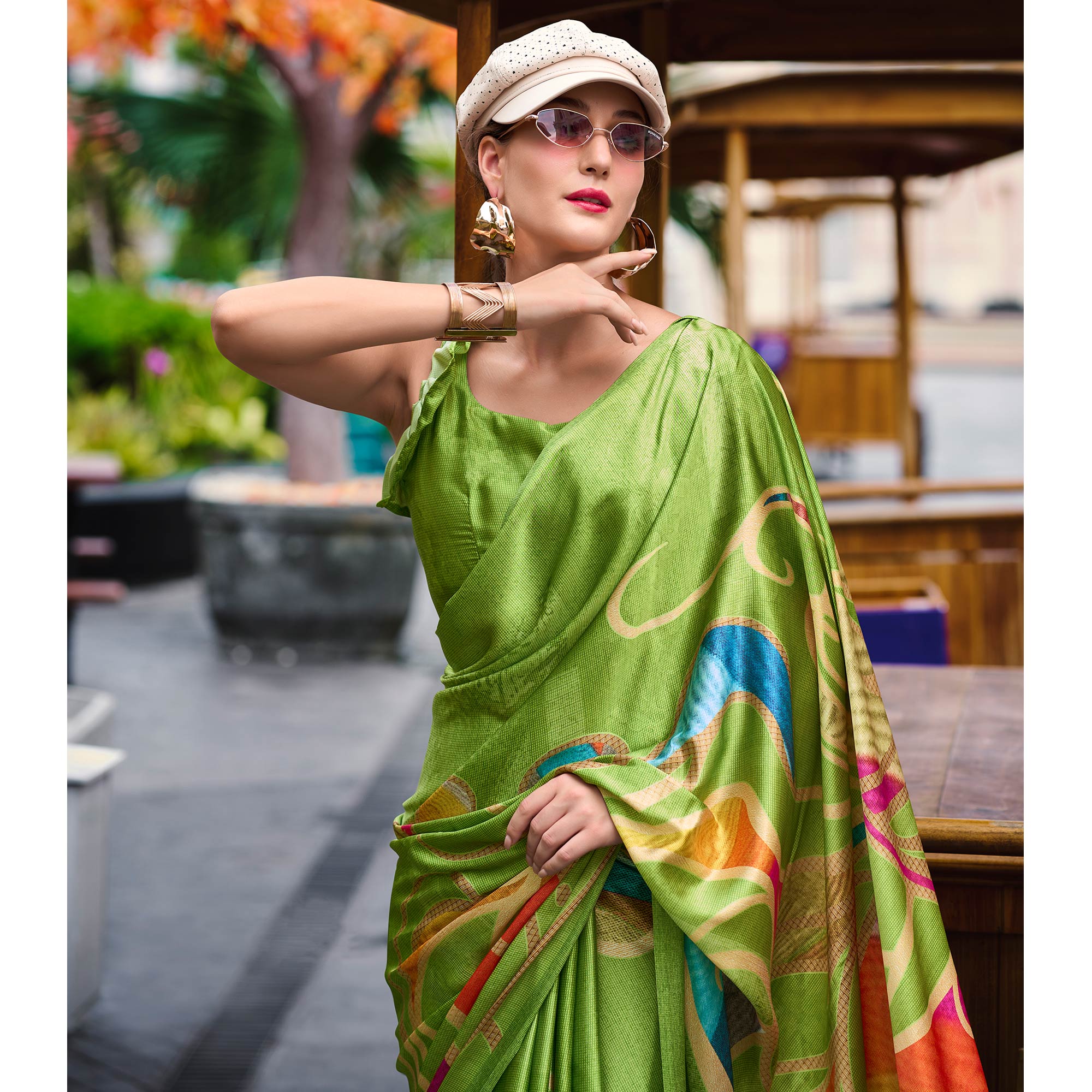 Green Digital Printed Pure Satin Saree