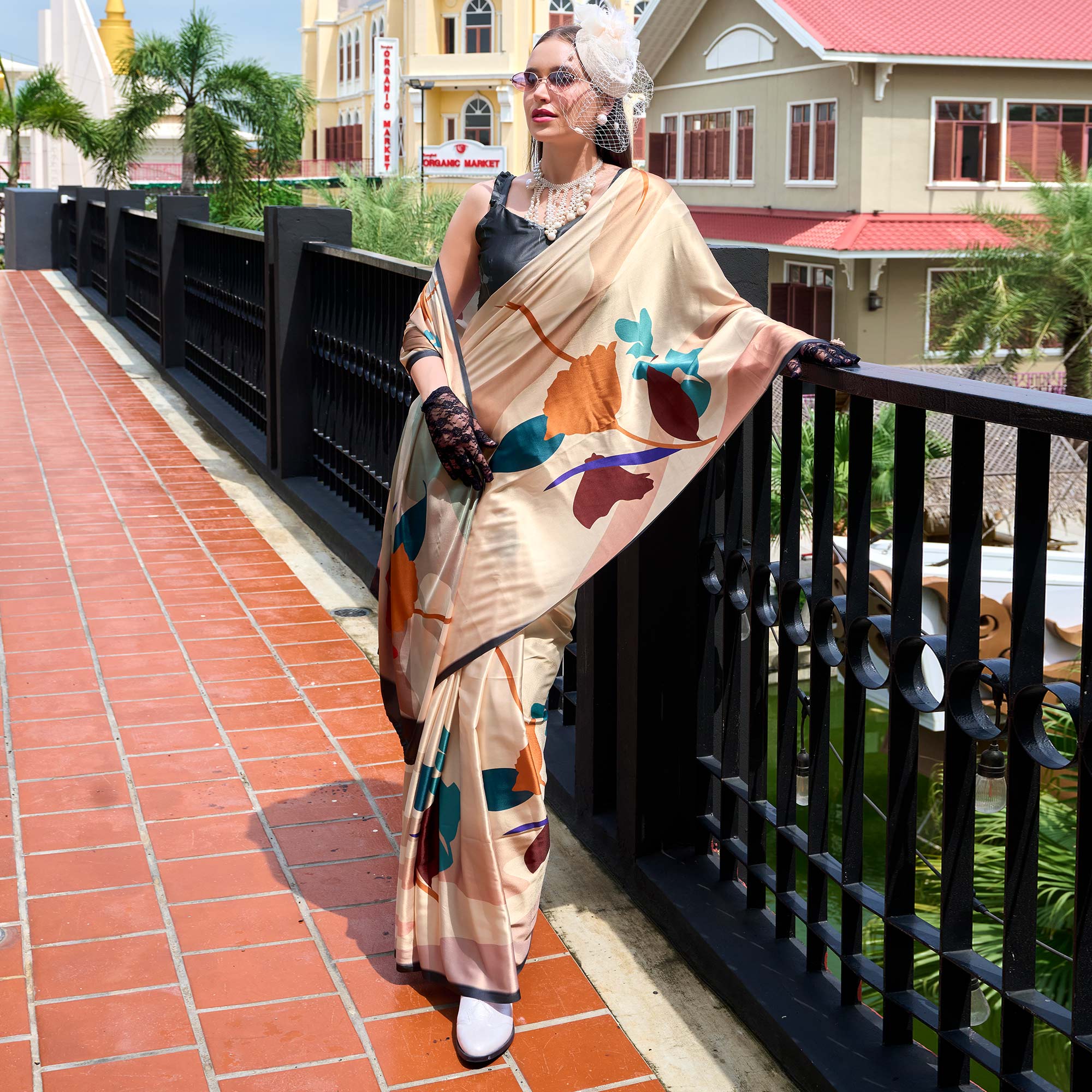 Cream Floral Digital Printed Pure Satin Saree