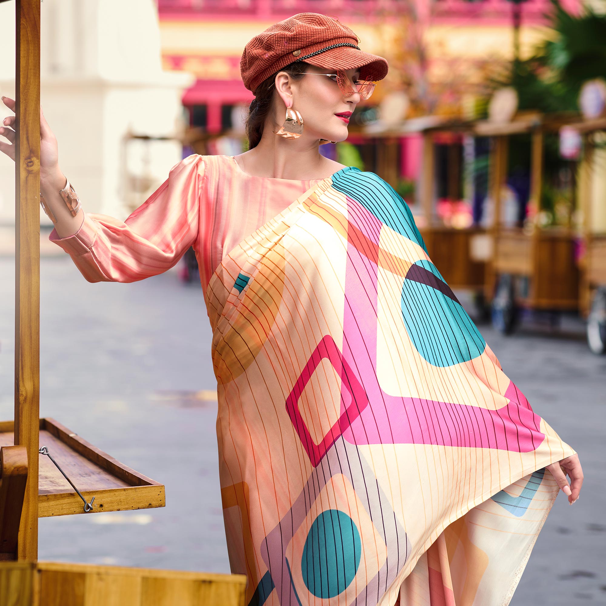Peach Geometric Digital Printed Pure Satin Saree