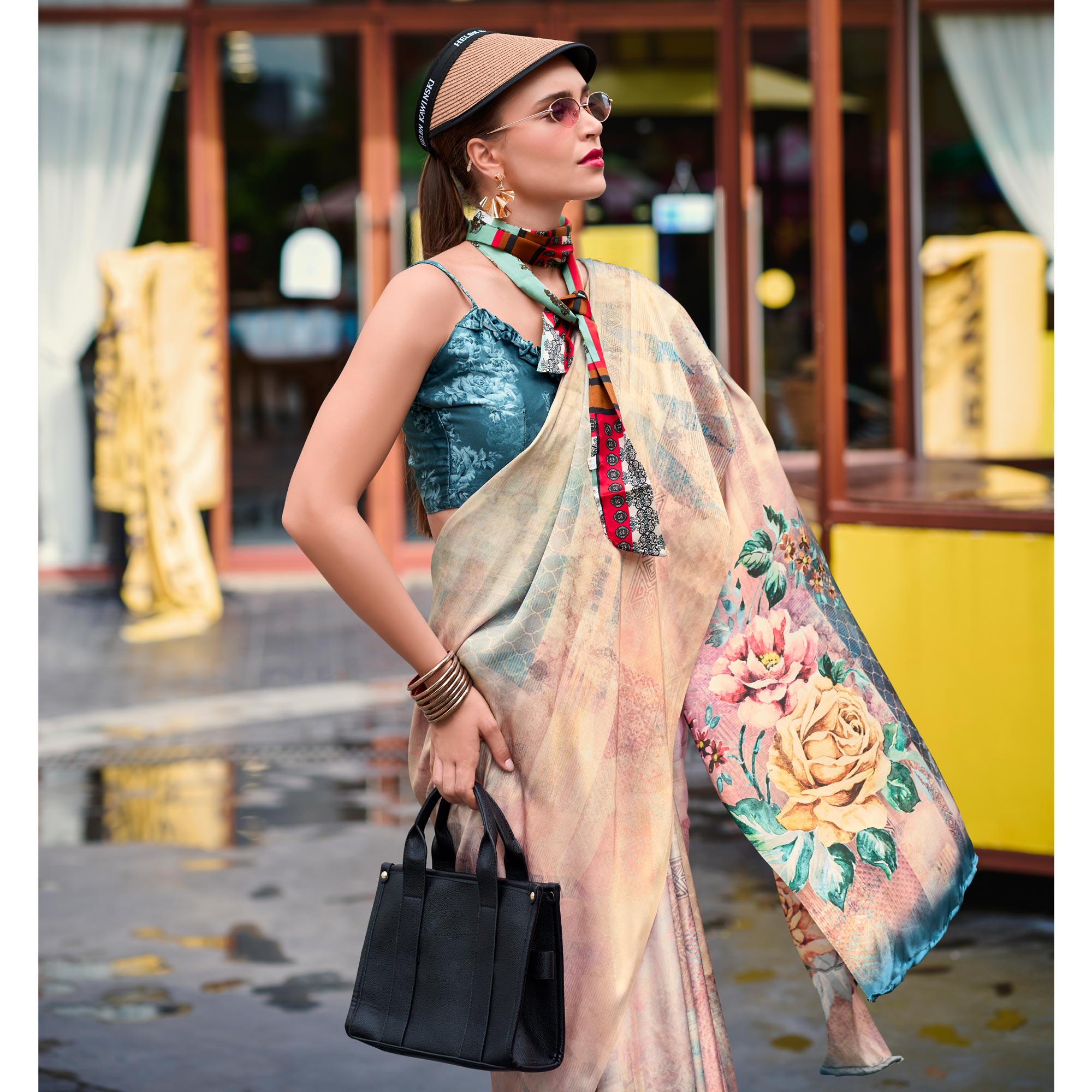 Beige Digital Printed Pure Satin Saree