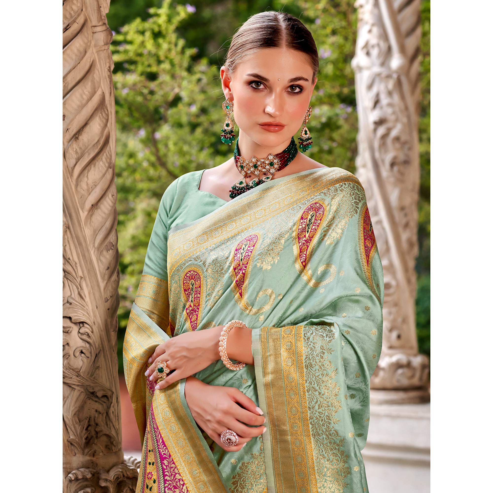 Sea Green Floral Woven Banarasi Silk Saree With Tassels