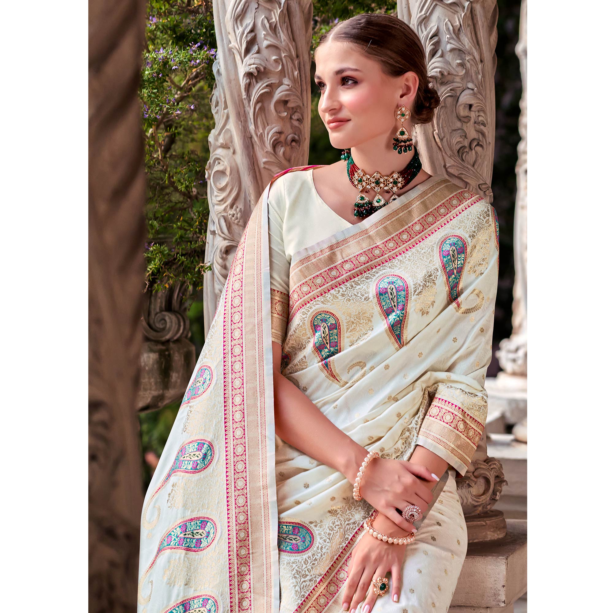 White Floral Woven Banarasi Silk Saree With Tassels