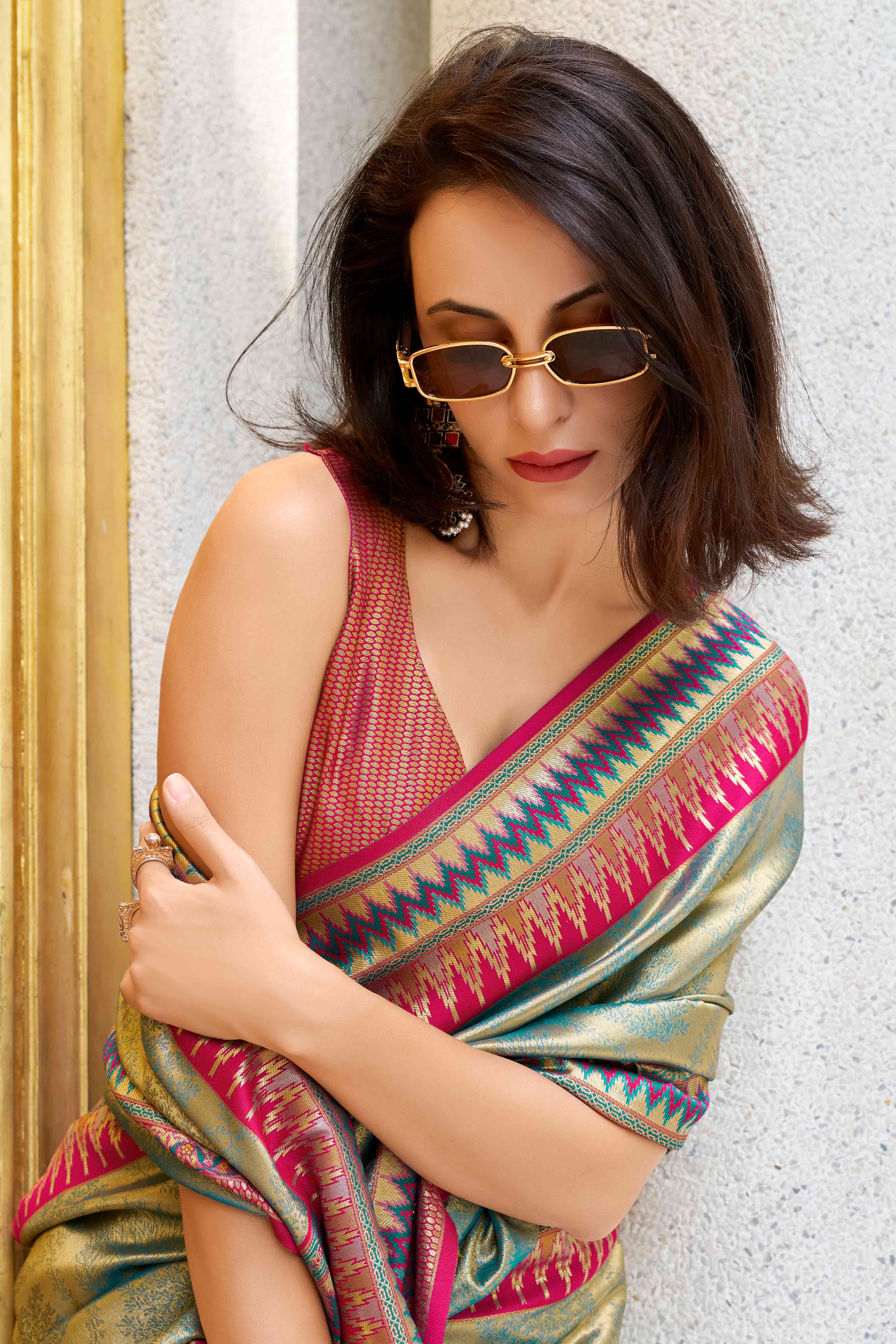 Teal Zari Weaving Tissue Silk Saree