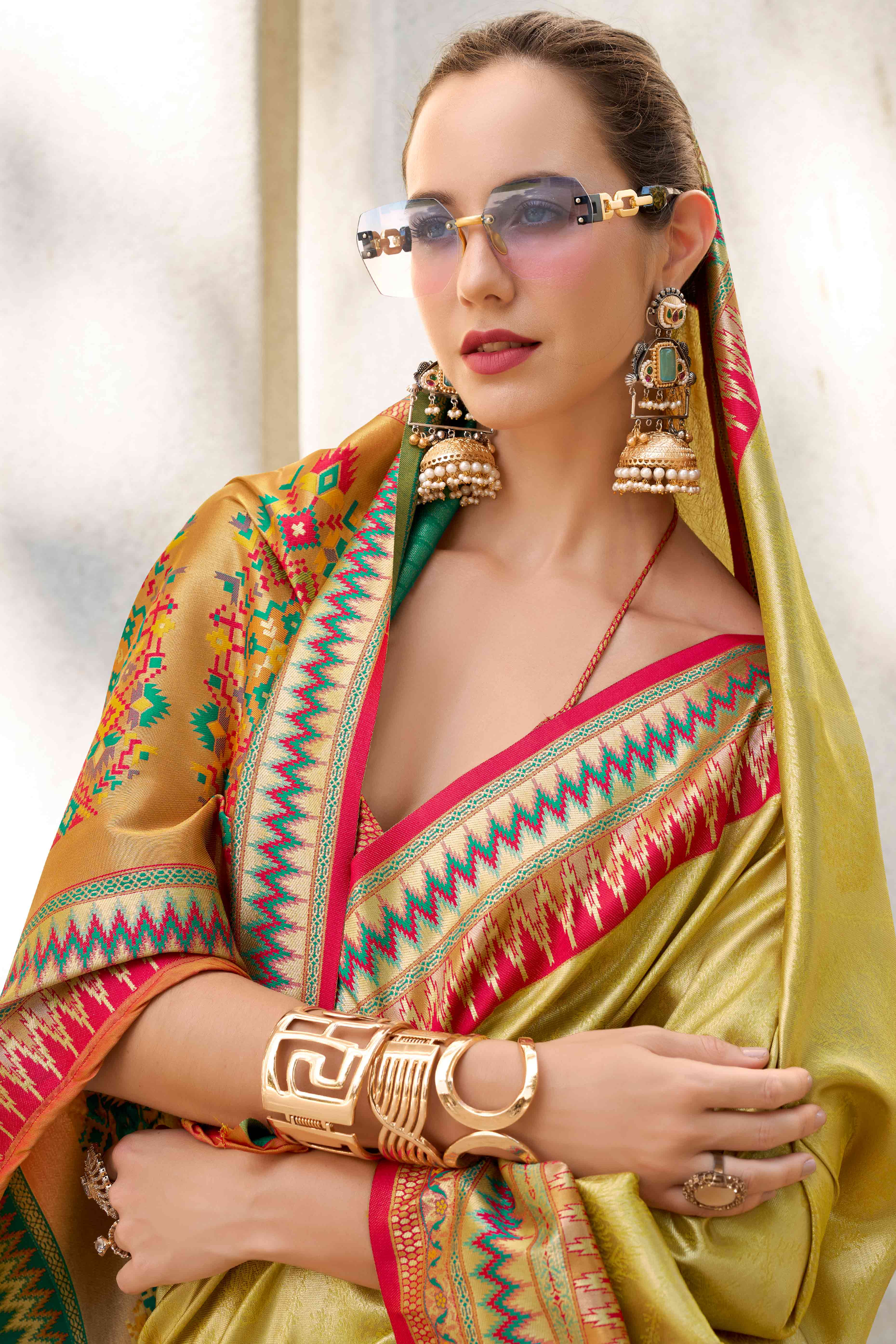 Mustard Zari Weaving Tissue Silk Saree