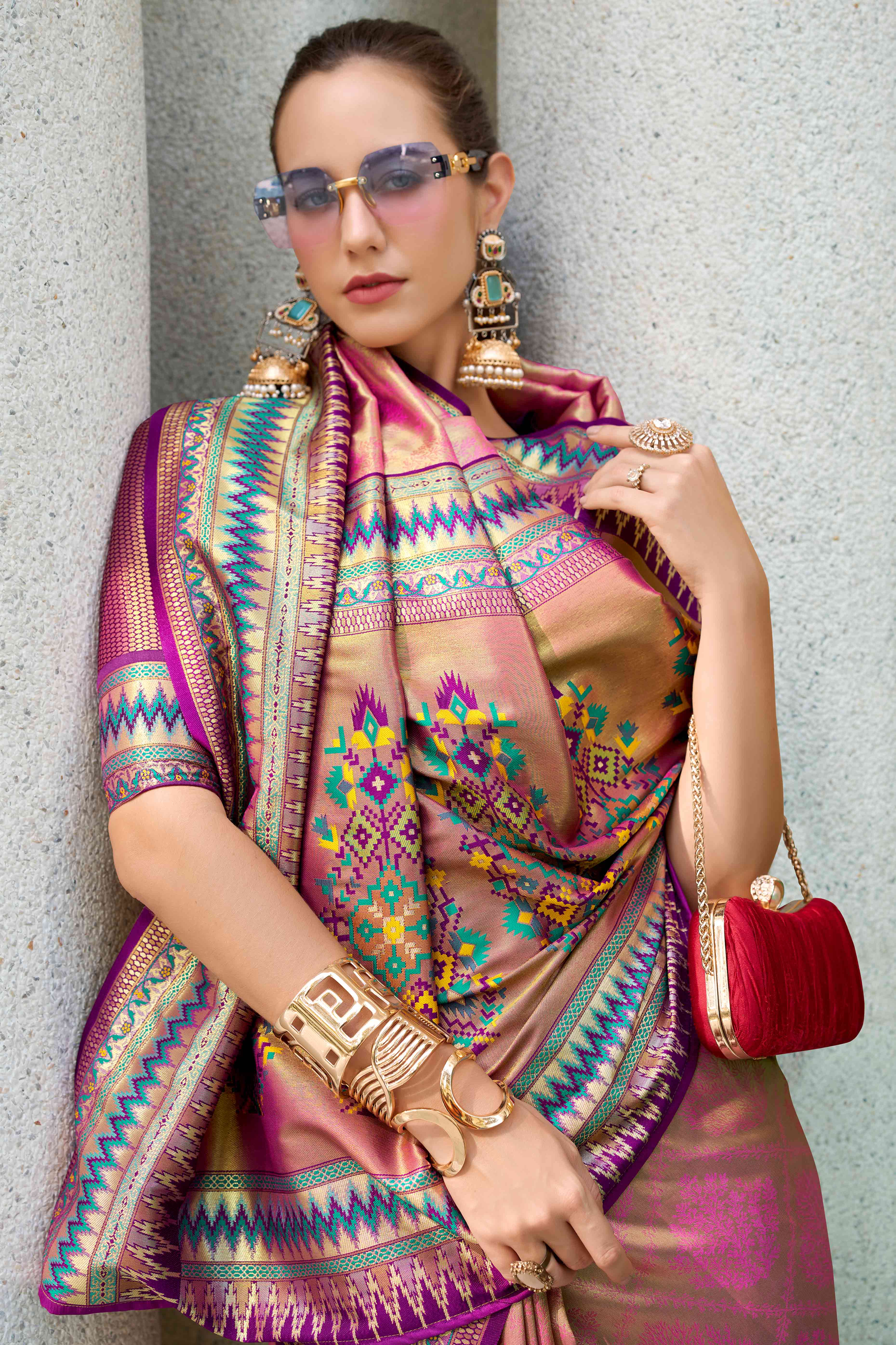 Pink Zari Weaving Tissue Silk Saree