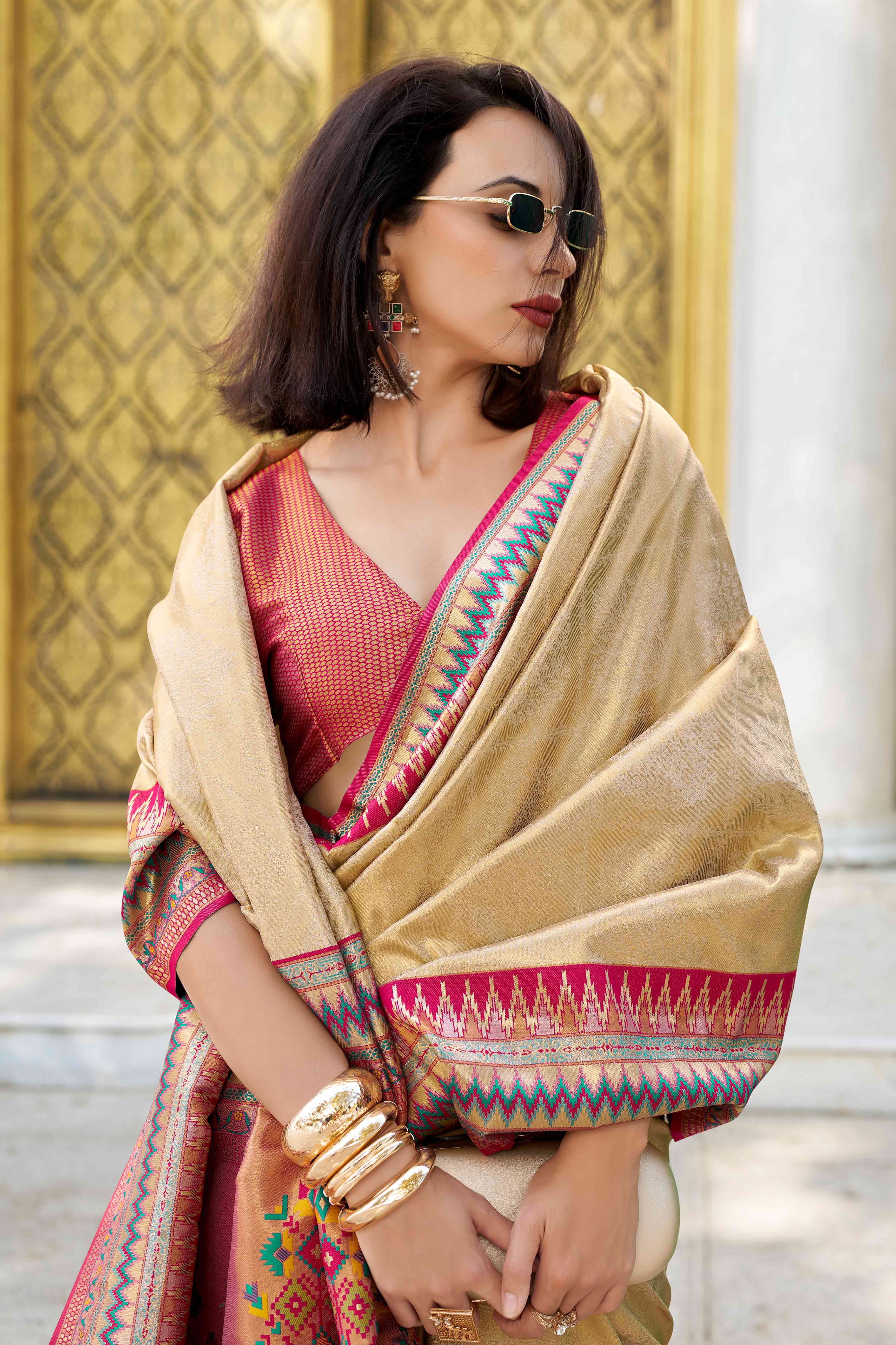 Beige Zari Weaving Tissue Silk Saree