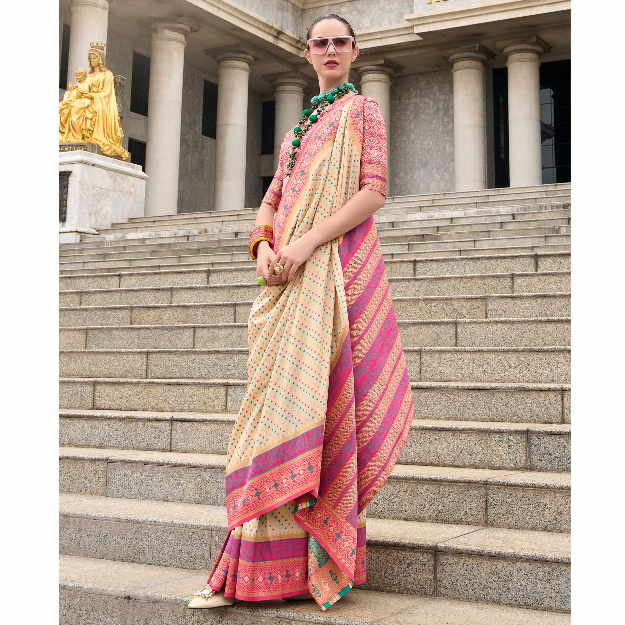 Cream Zari Woven Banarasi Silk Saree