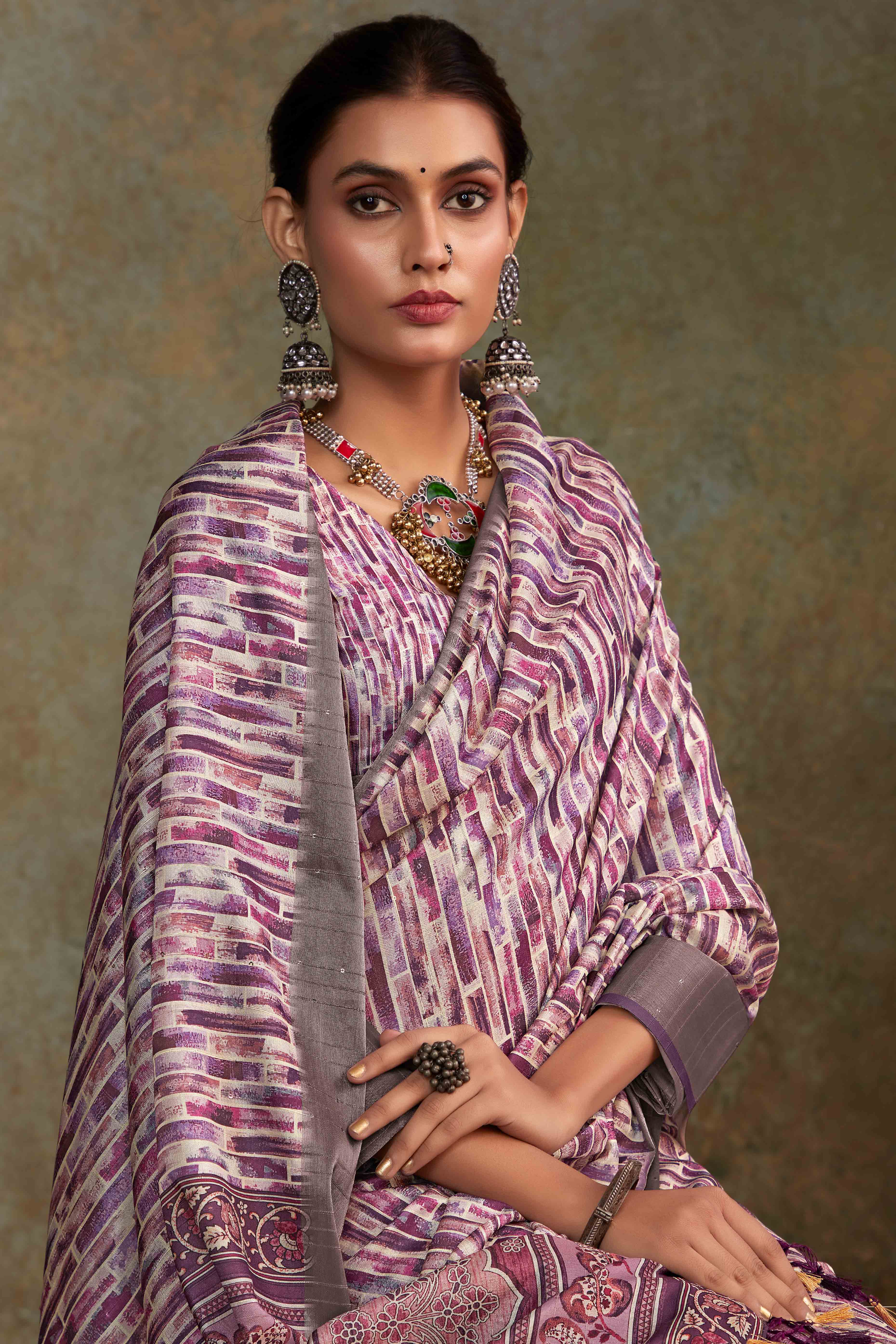 Purple Geometric Printed Cotton Silk Saree