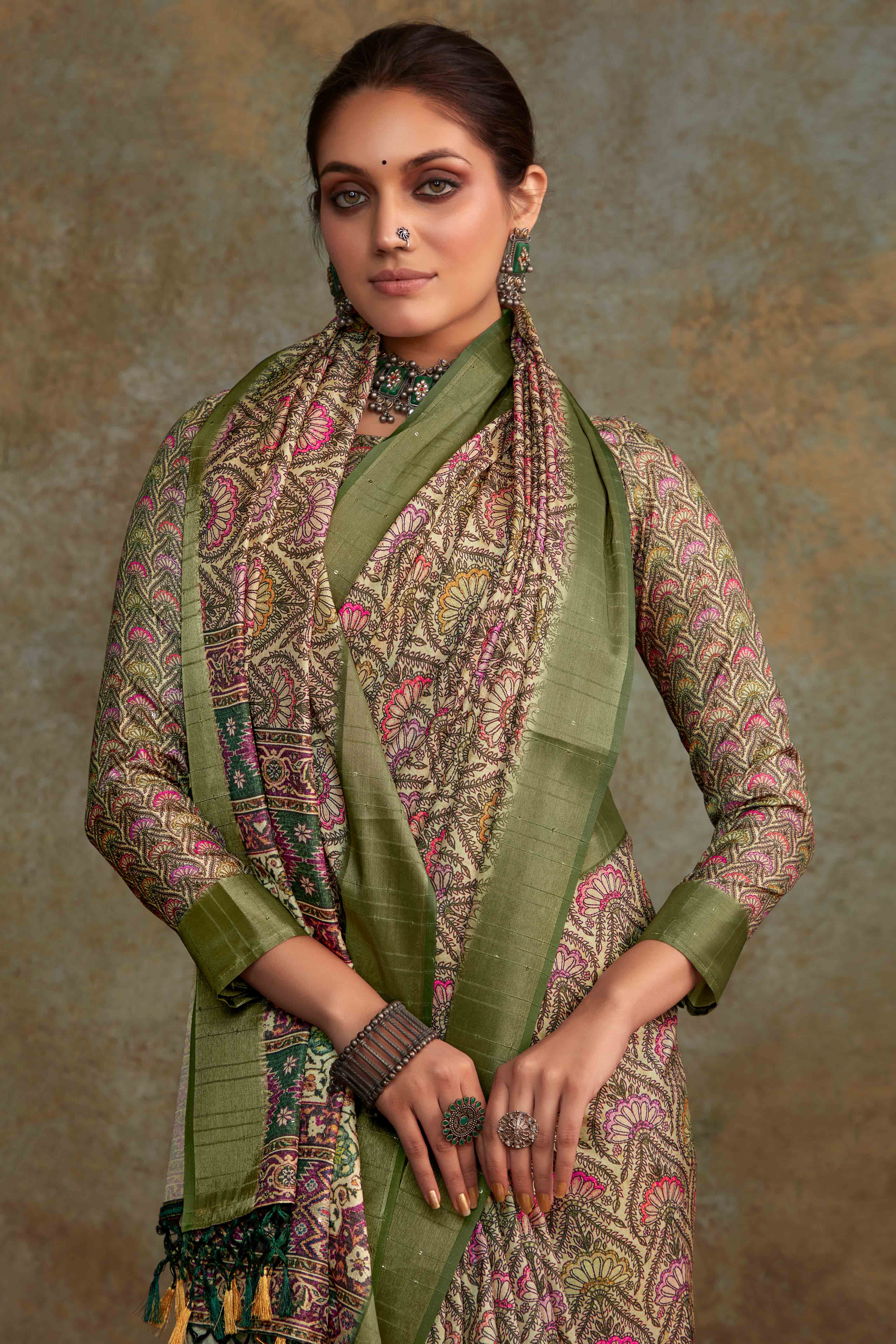 Green Floral Printed Cotton Silk Saree