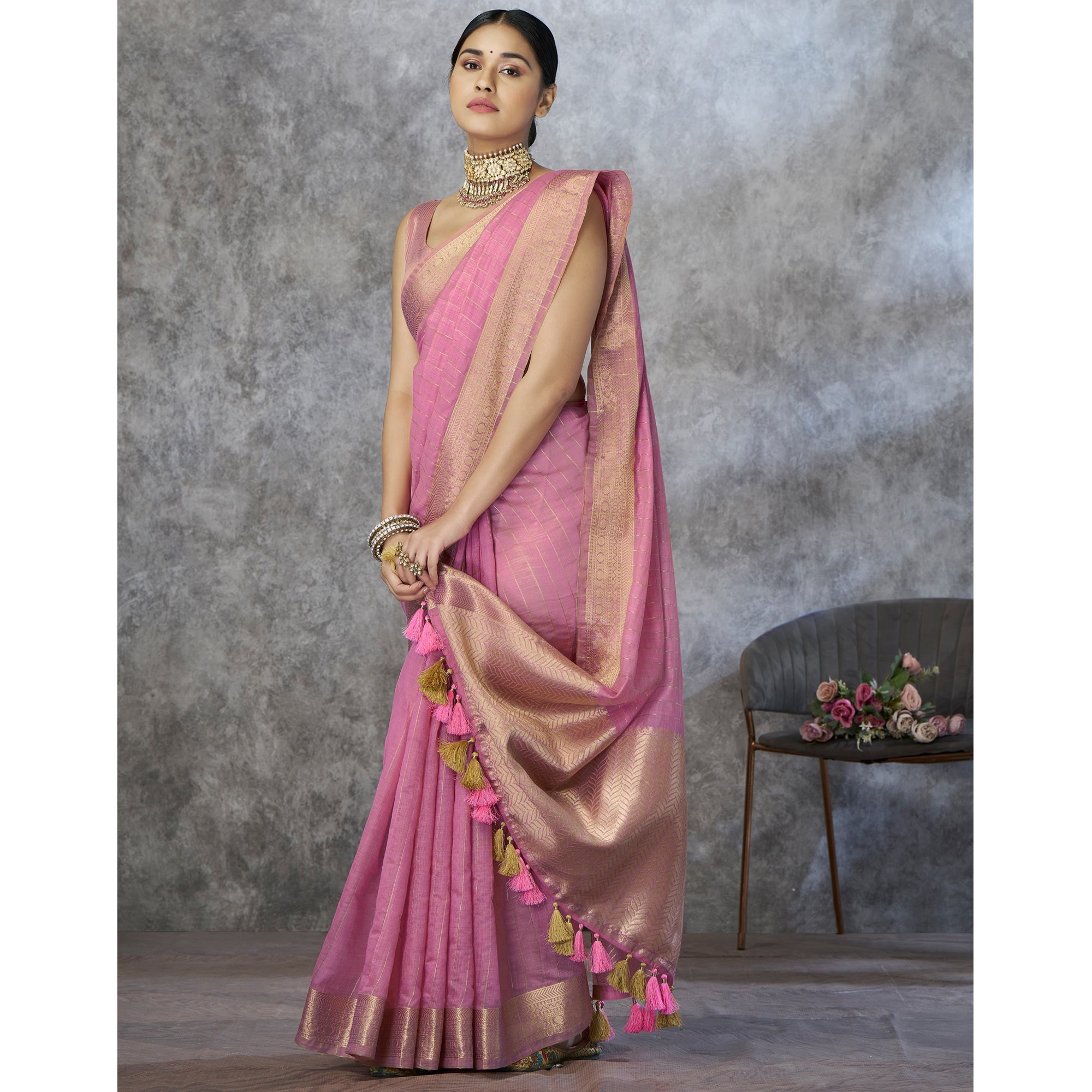Pink Woven Cotton Silk Saree With Tassels