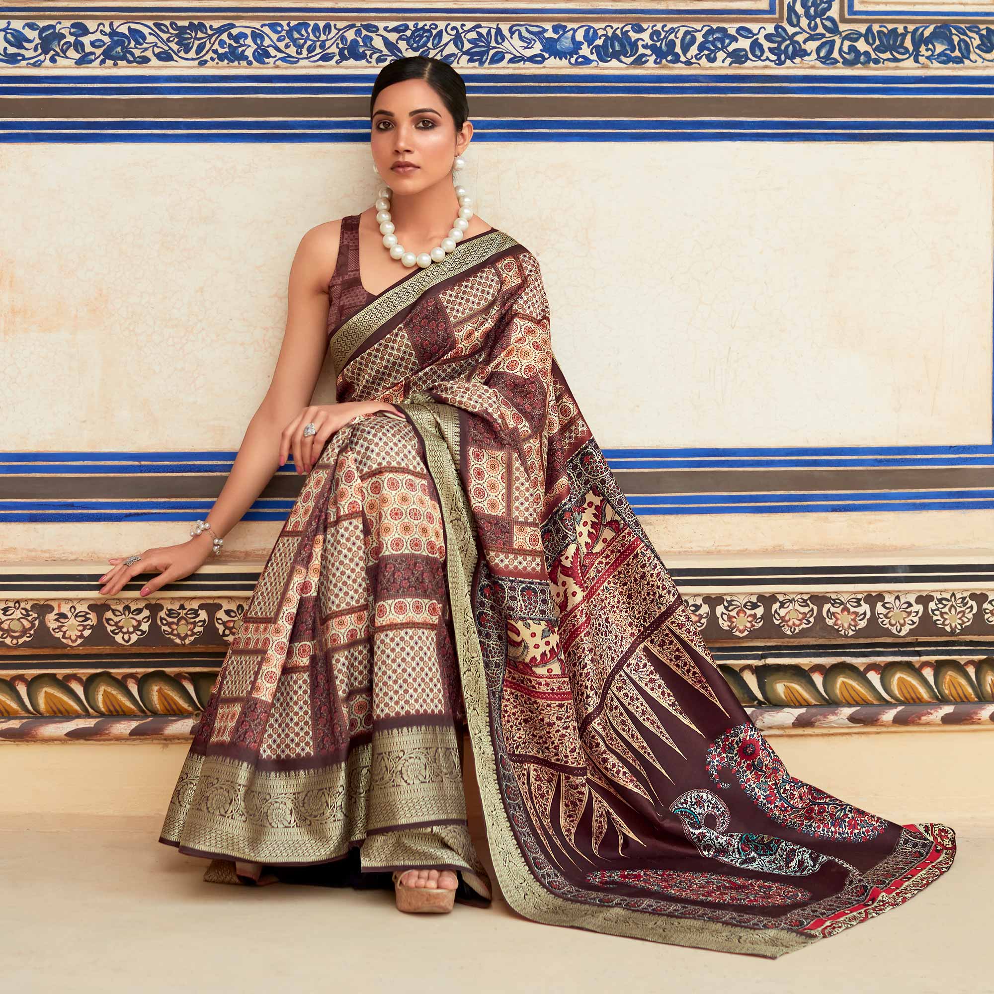 Beige & Brown Printed Dola Silk Saree
