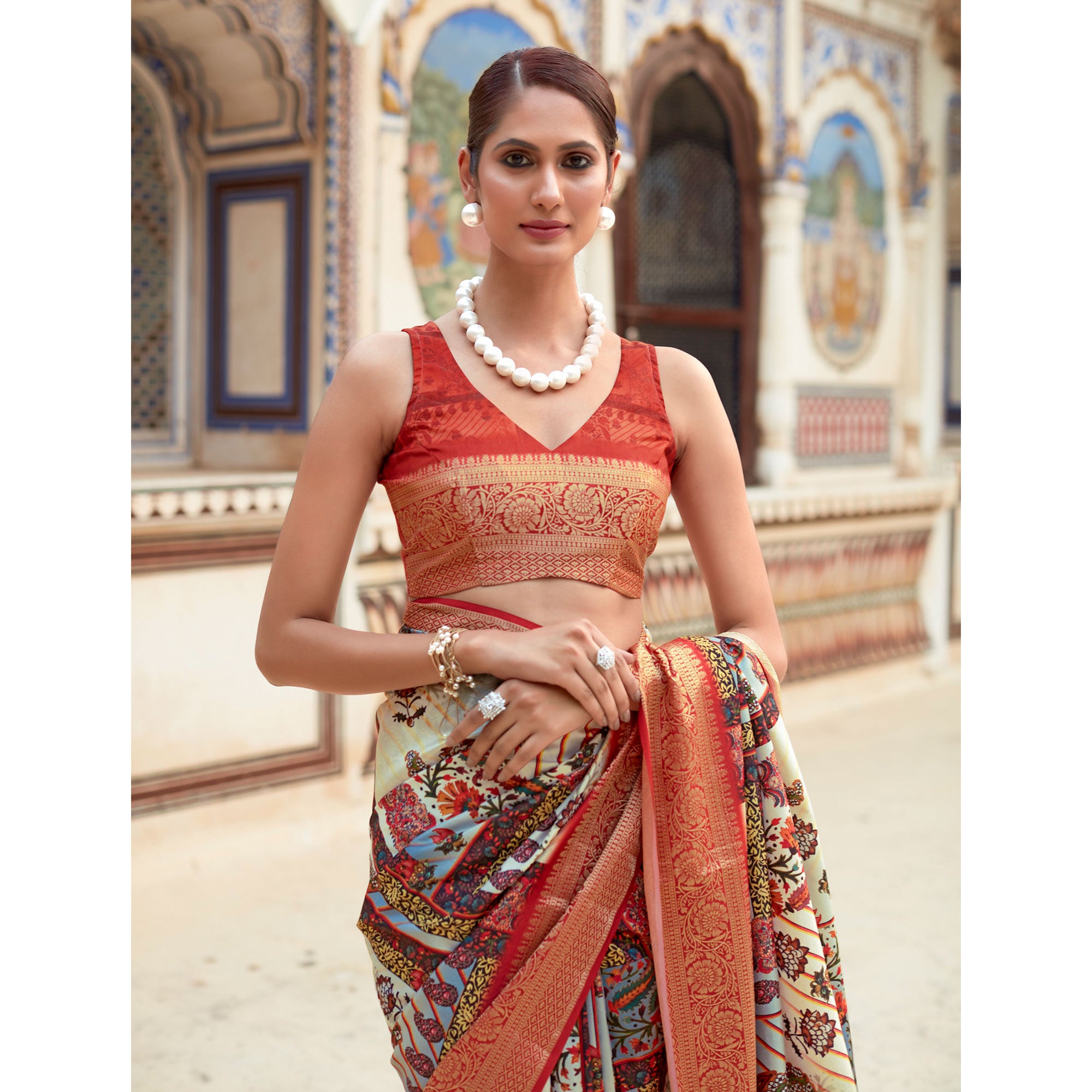 Beige & Red Printed Dola Silk Saree