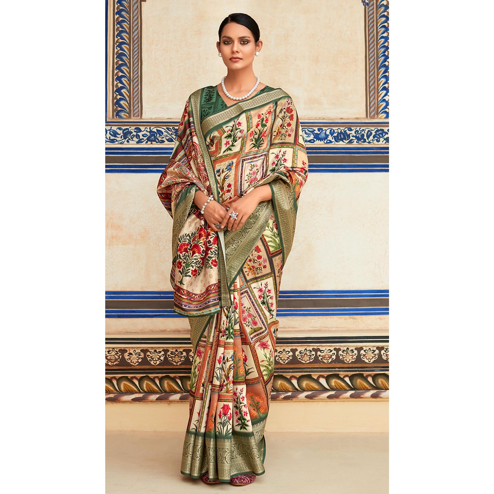 Beige & Green Printed Dola Silk Saree
