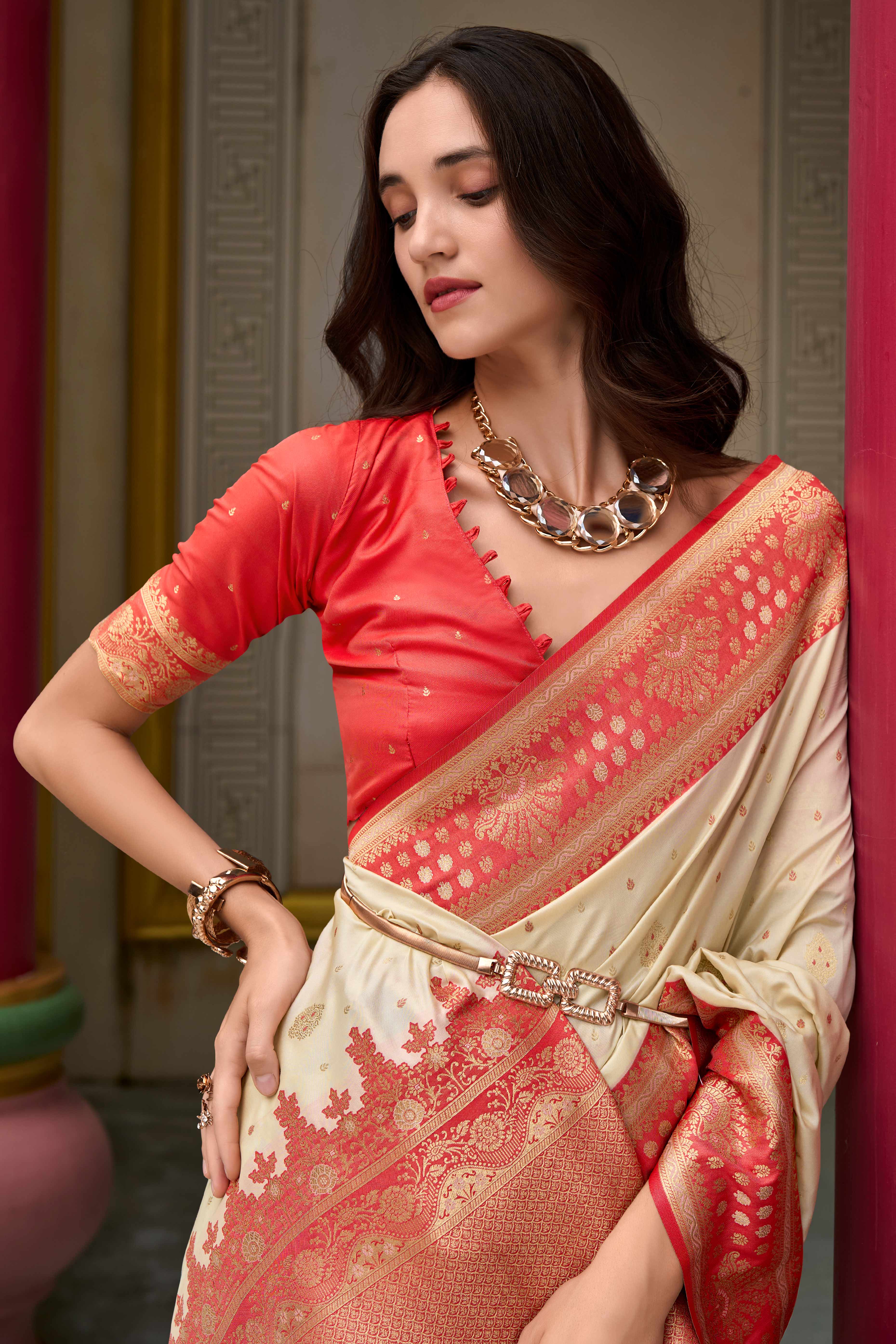 Pure Soft Banarasi Silk Saree in Cream Beige Hue with Timeless Zari Butti Patterns