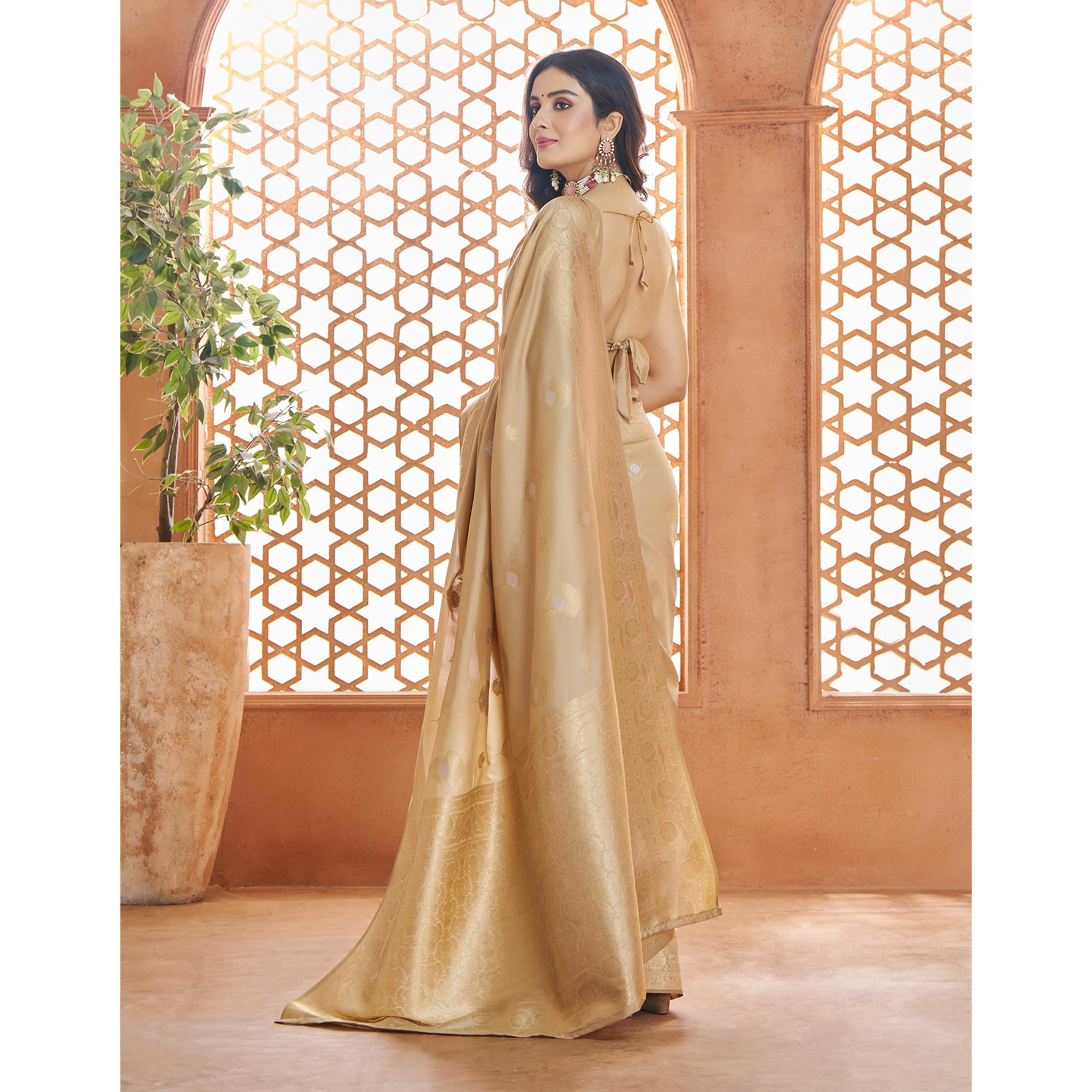 Beige Floral Woven Pure Banarasi Silk Saree