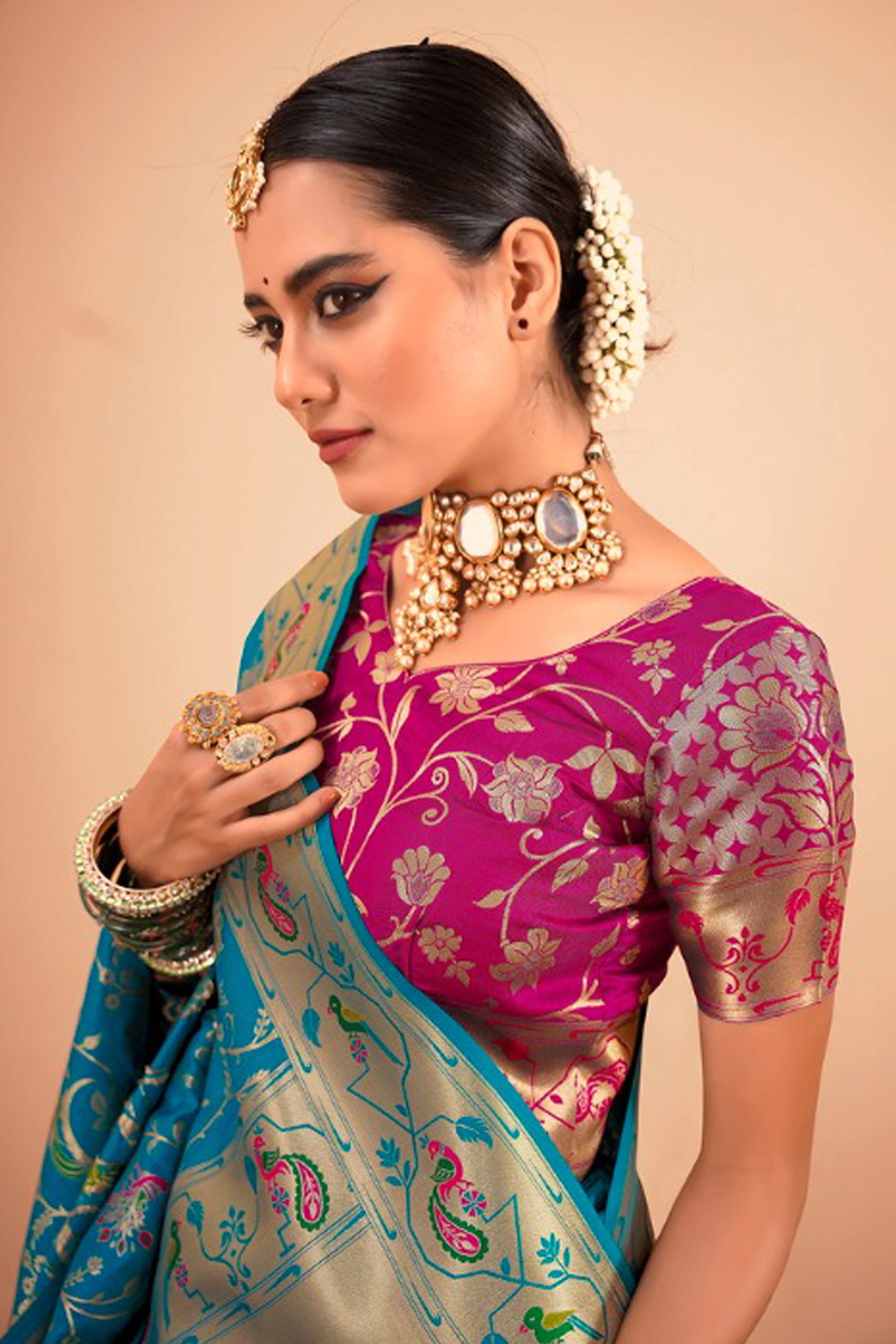 Rama Blue Floral Zari Weaving Pure Silk Paithani Saree