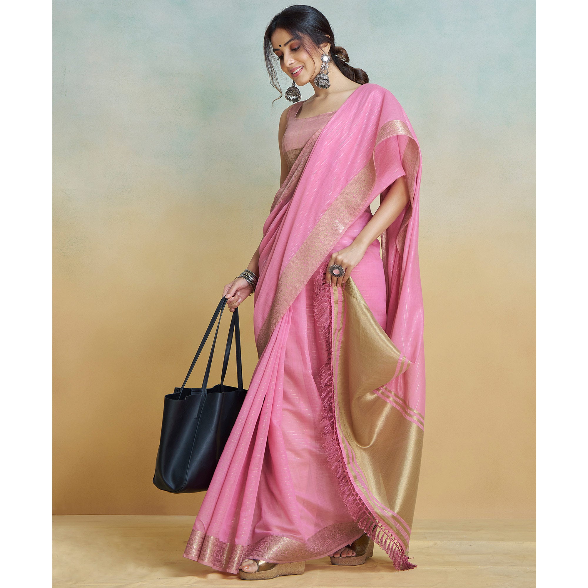 Pink Woven Cotton Silk Saree With Tassels