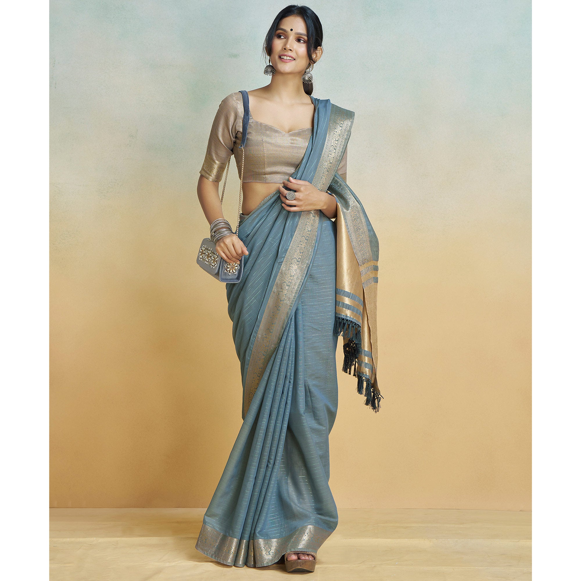 Grey Woven Cotton Silk Saree With Tassels