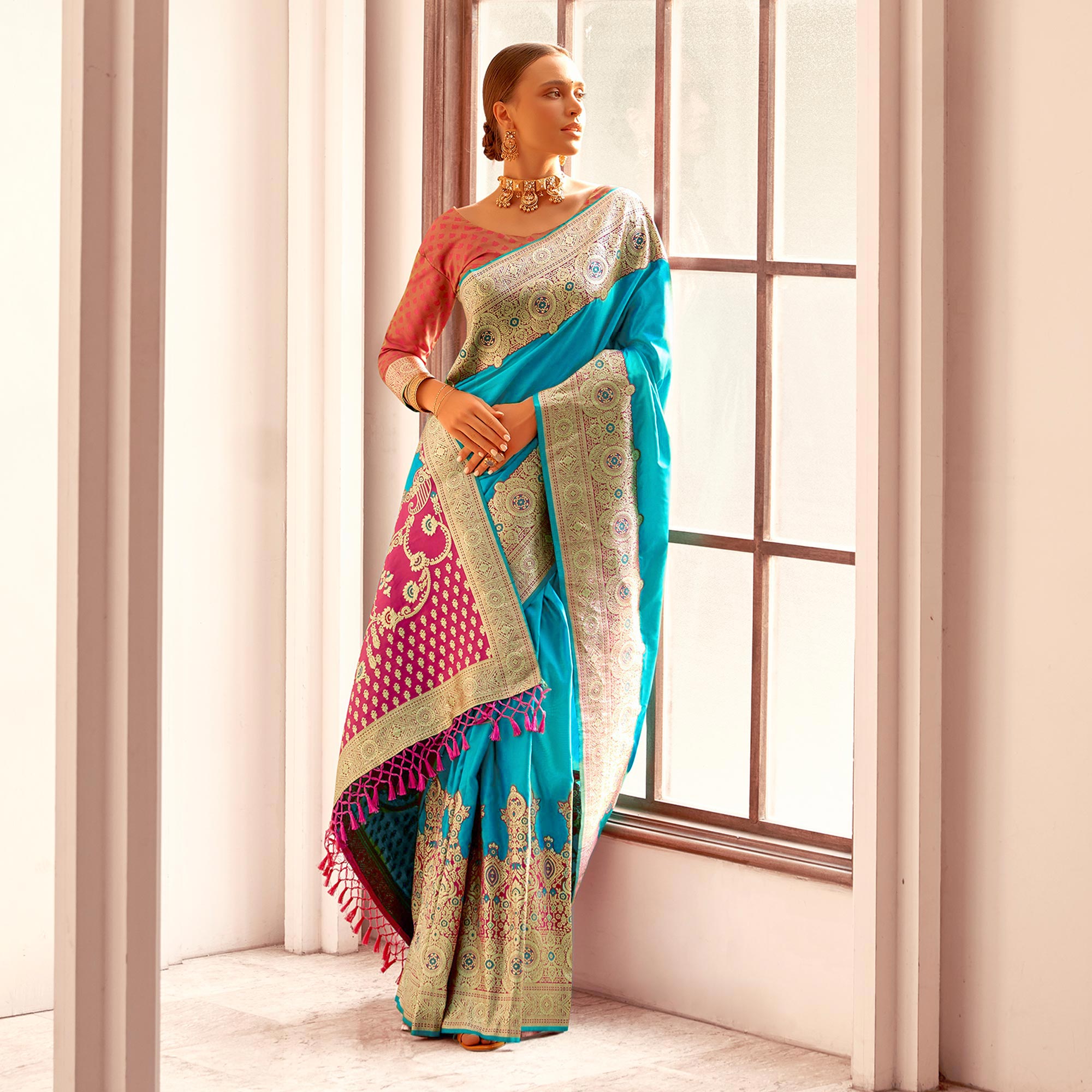 Blue Floral Woven Banarasi Silk Saree With Tassels