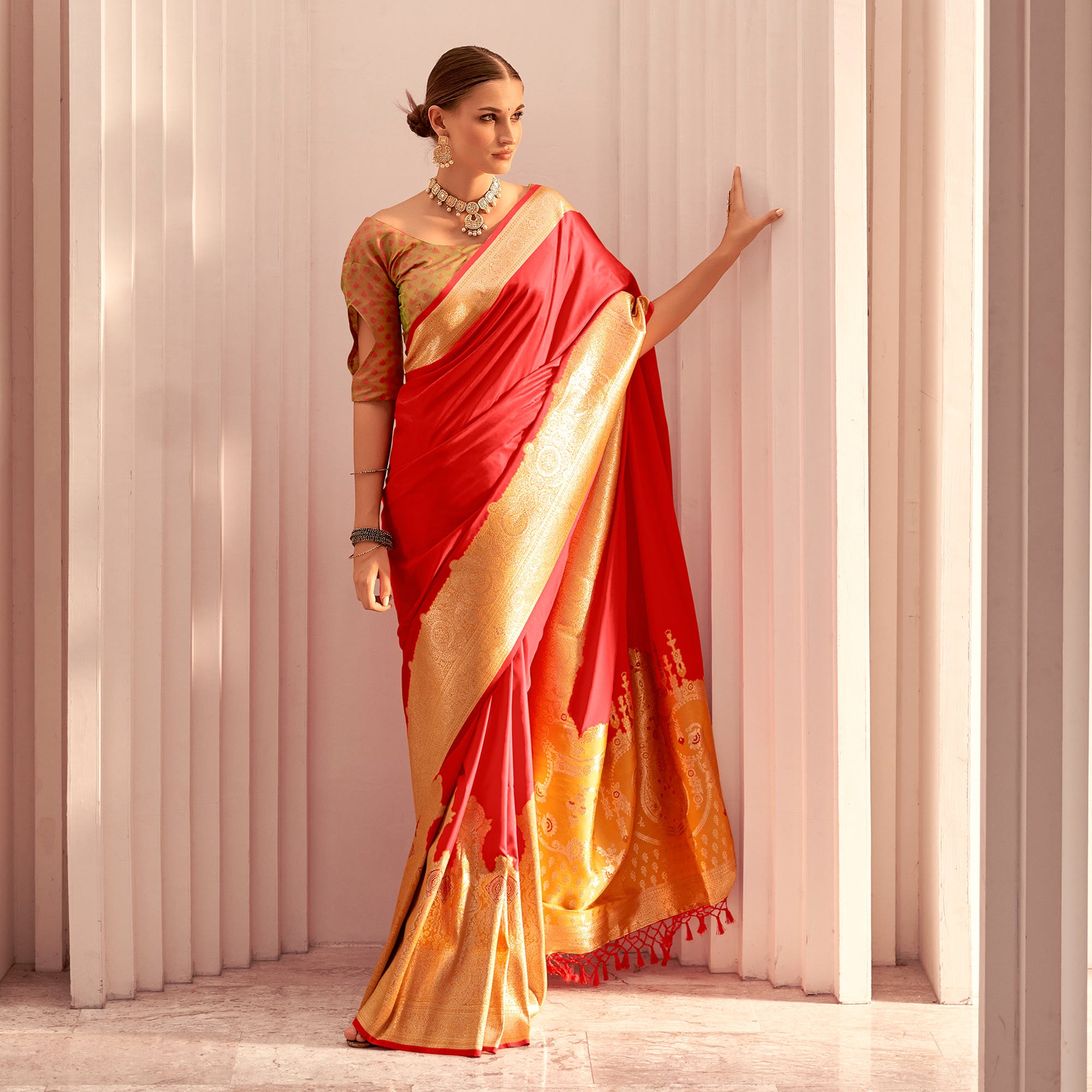 Red Floral Woven Banarasi Silk Saree With Tassels