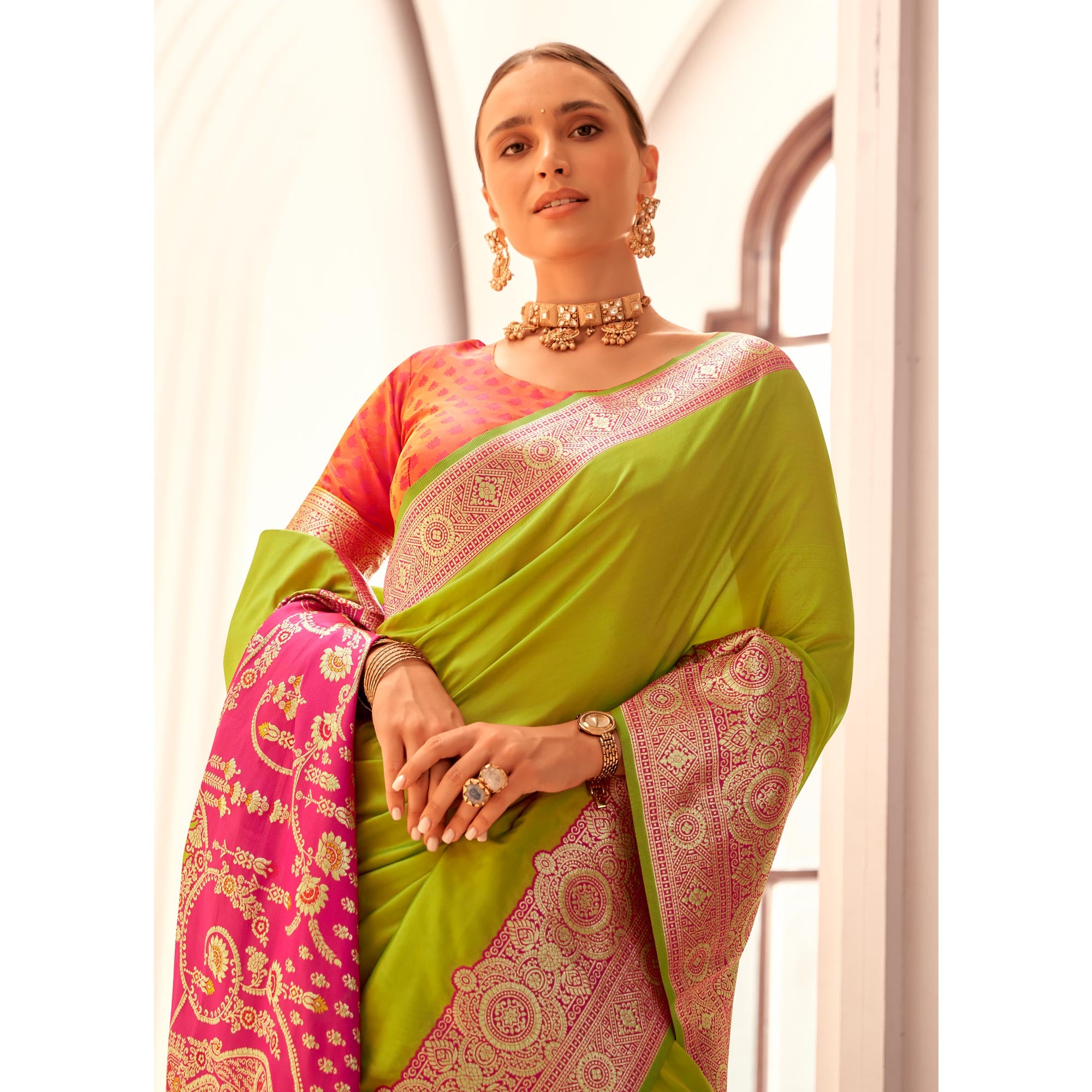 Green Floral Woven Banarasi Silk Saree With Tassels