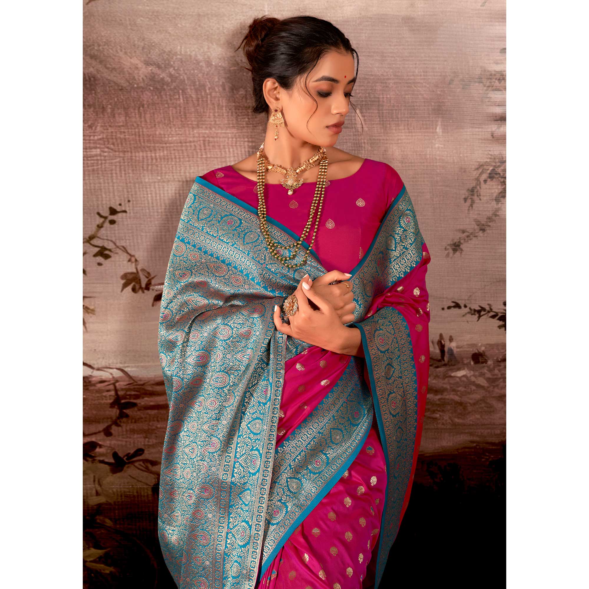Pink Woven Butti Work Banarasi Silk Saree
