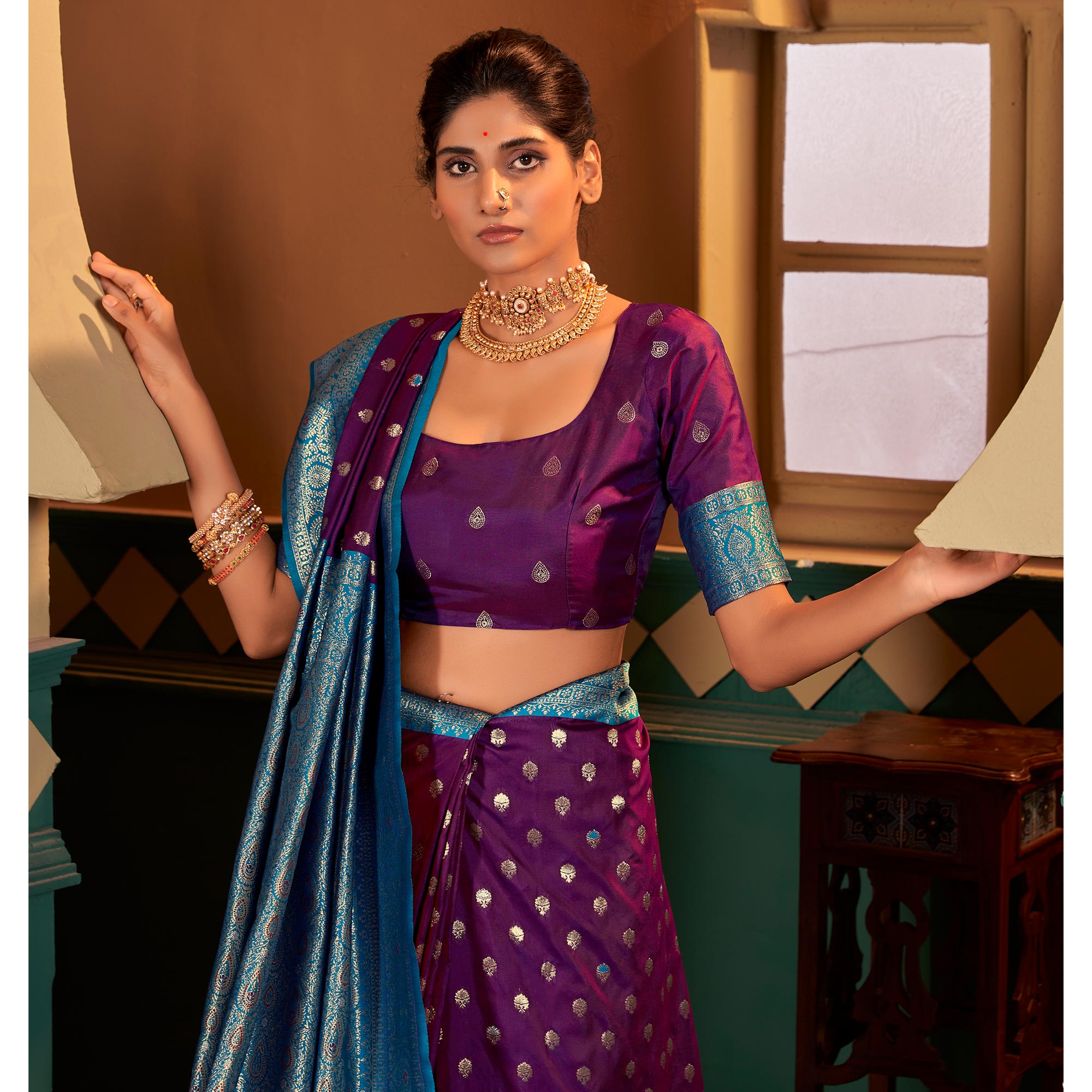 Purple Woven Butti Work Banarasi Silk Saree
