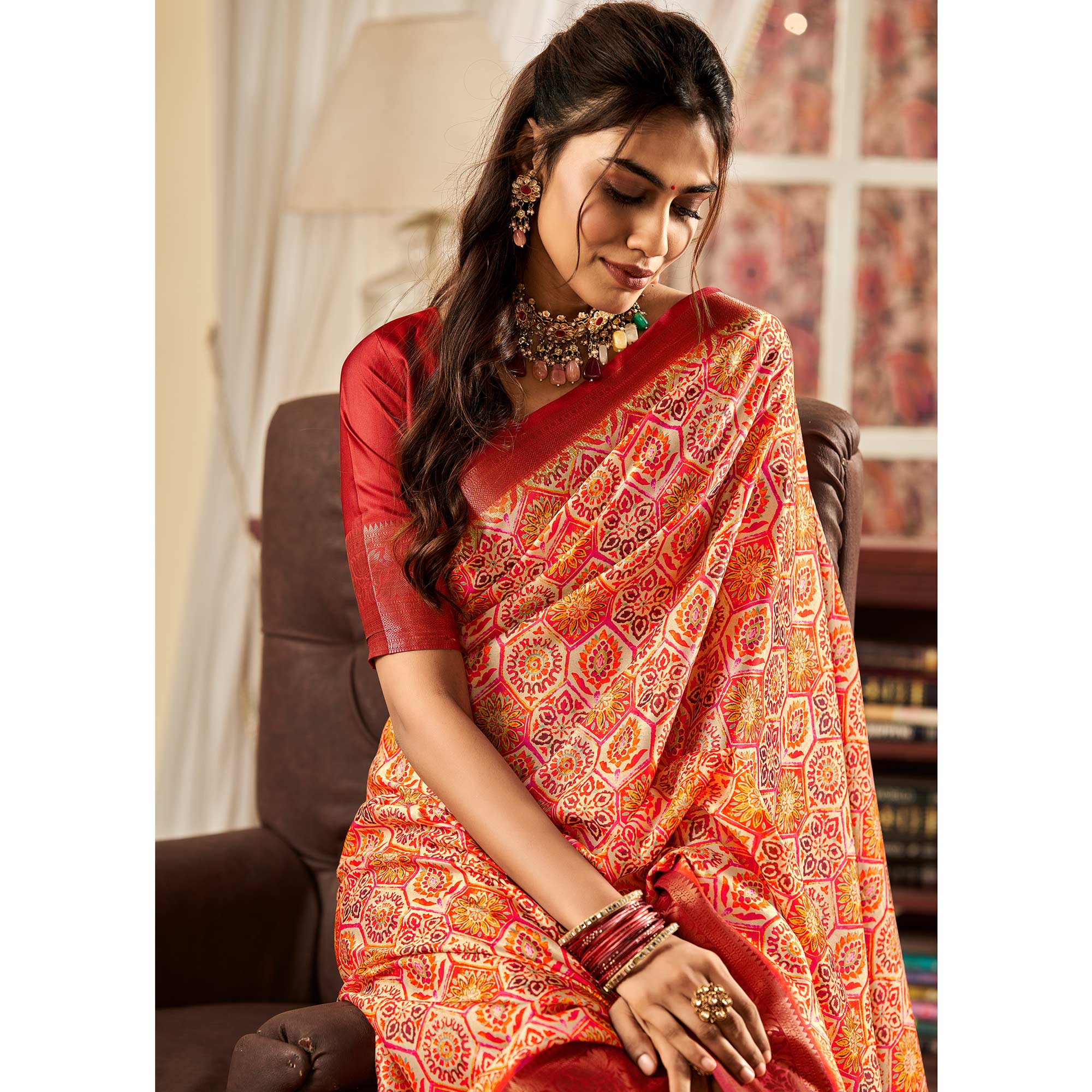 Red & Orange Digital Printed Satin Saree