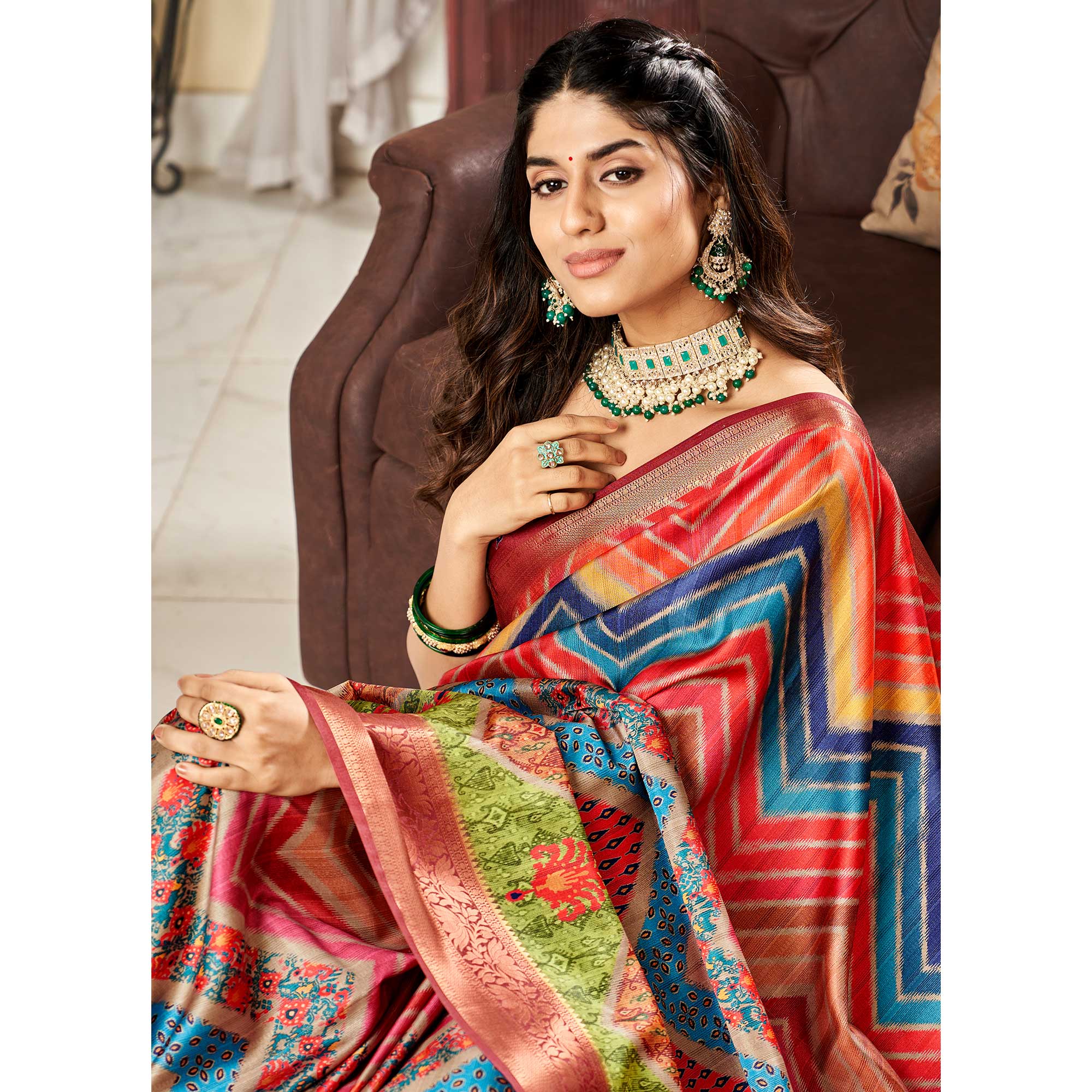 Multicolor Digital Printed Satin Saree
