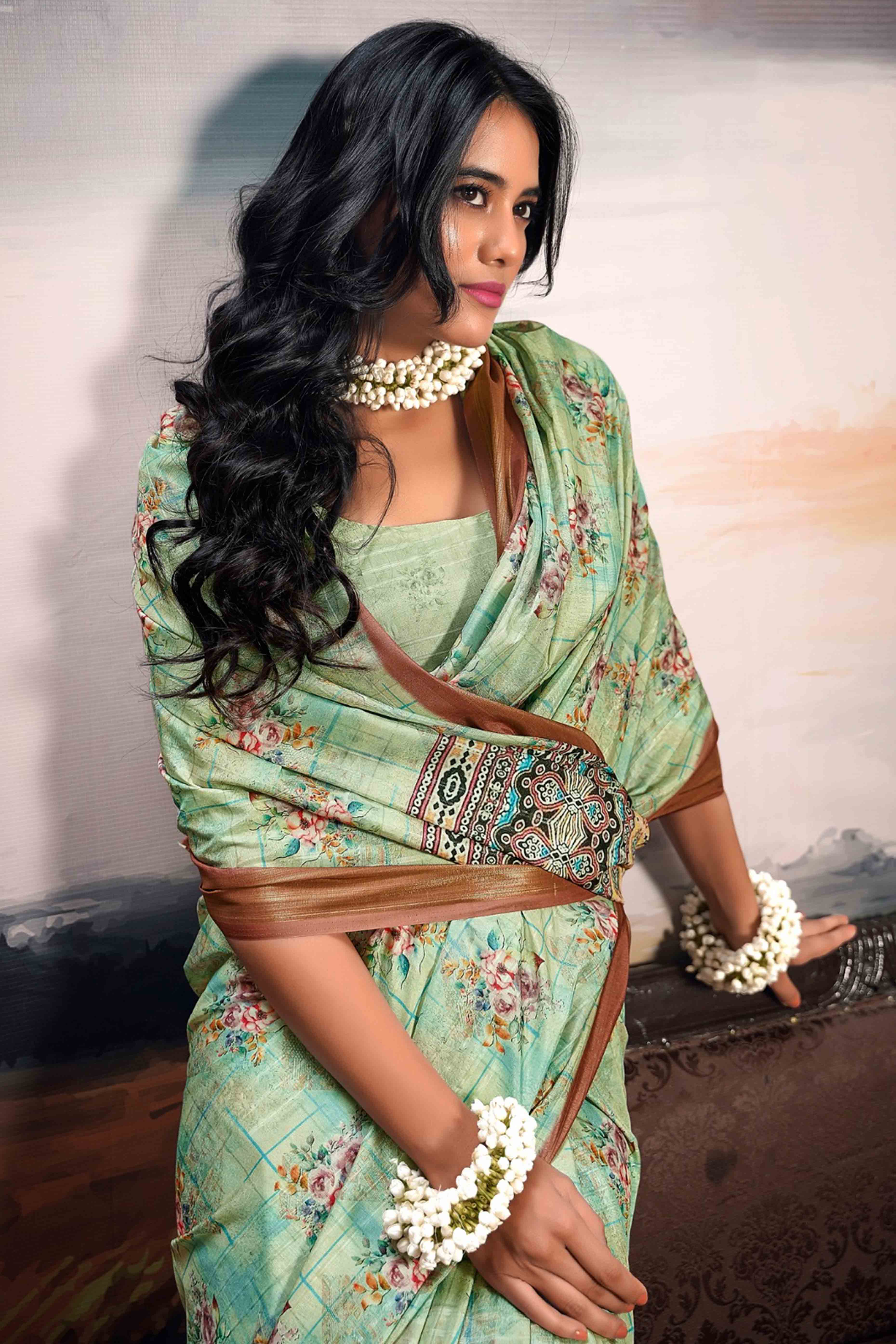 Sea Green Digital Printed Saree in Soft Cotton Silk Fabric