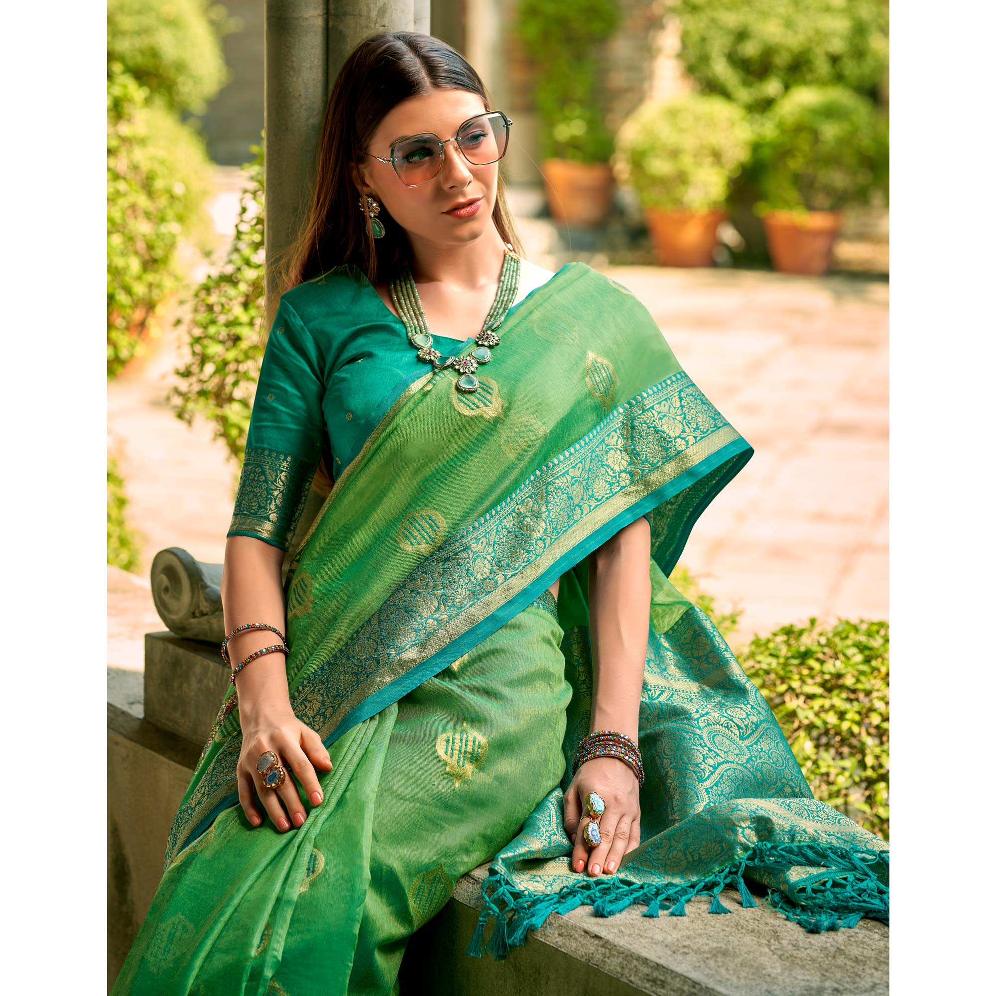 Green Floral Woven Tissue Silk Saree With Tassels