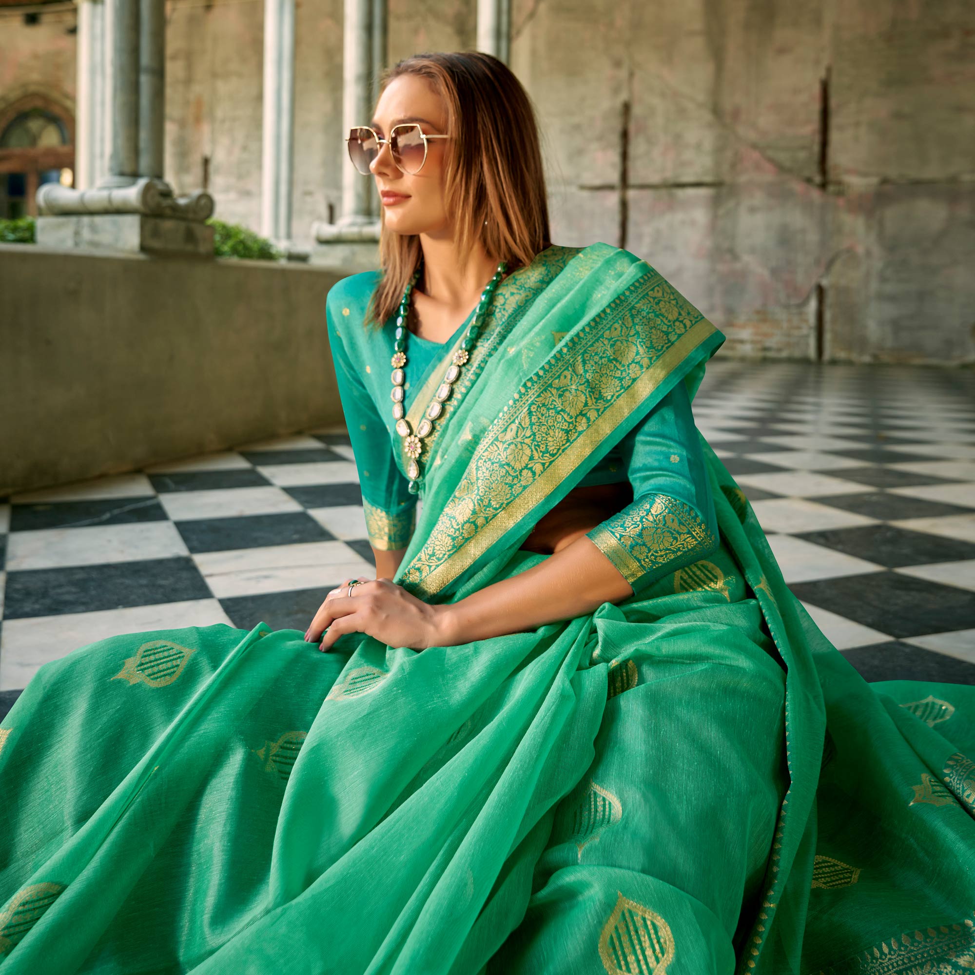 Rama Green Floral Woven Tissue Silk Saree With Tassels