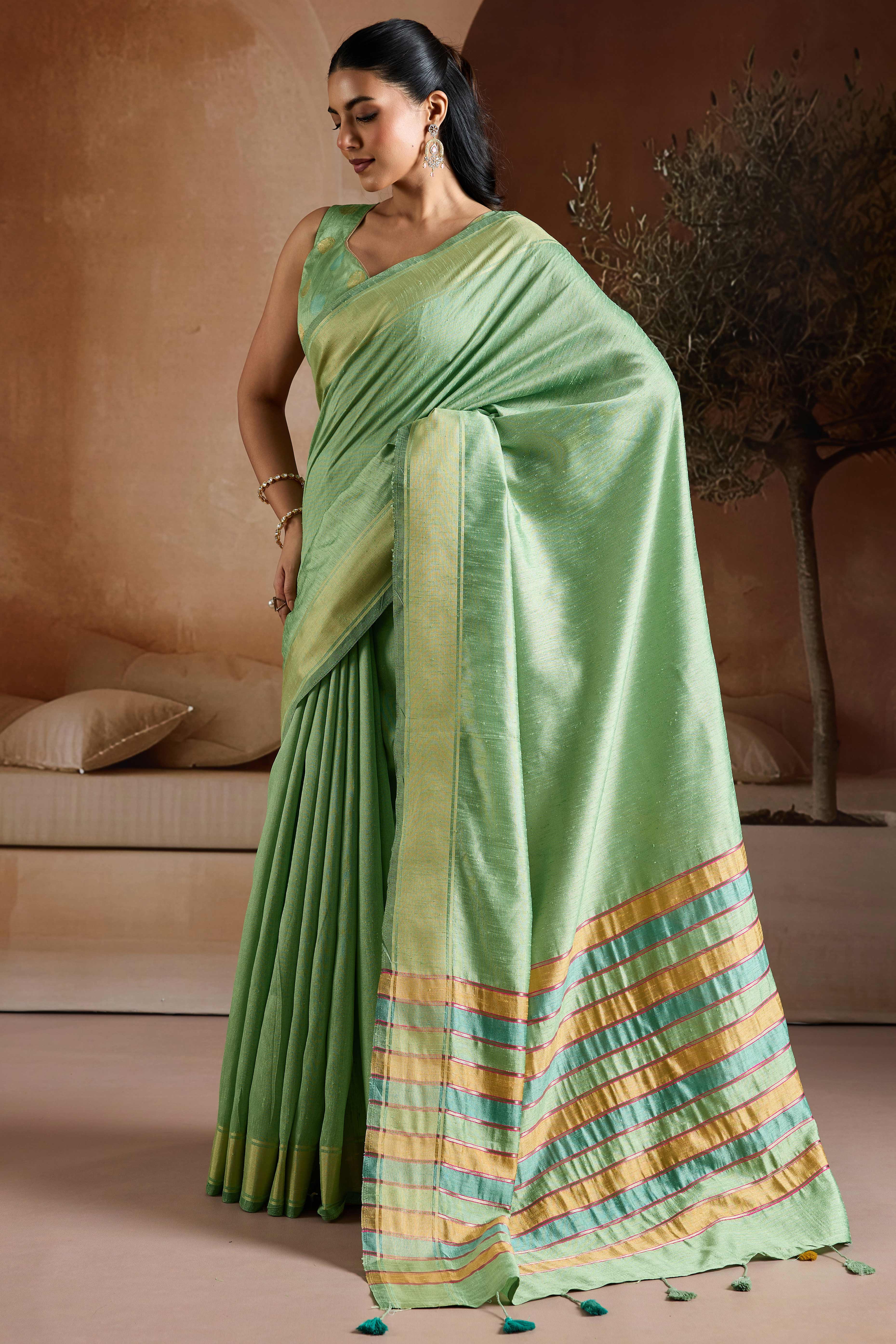 Graceful Green Zari Woven Bhagalpuri Silk Saree Accented With Tassel Pallu